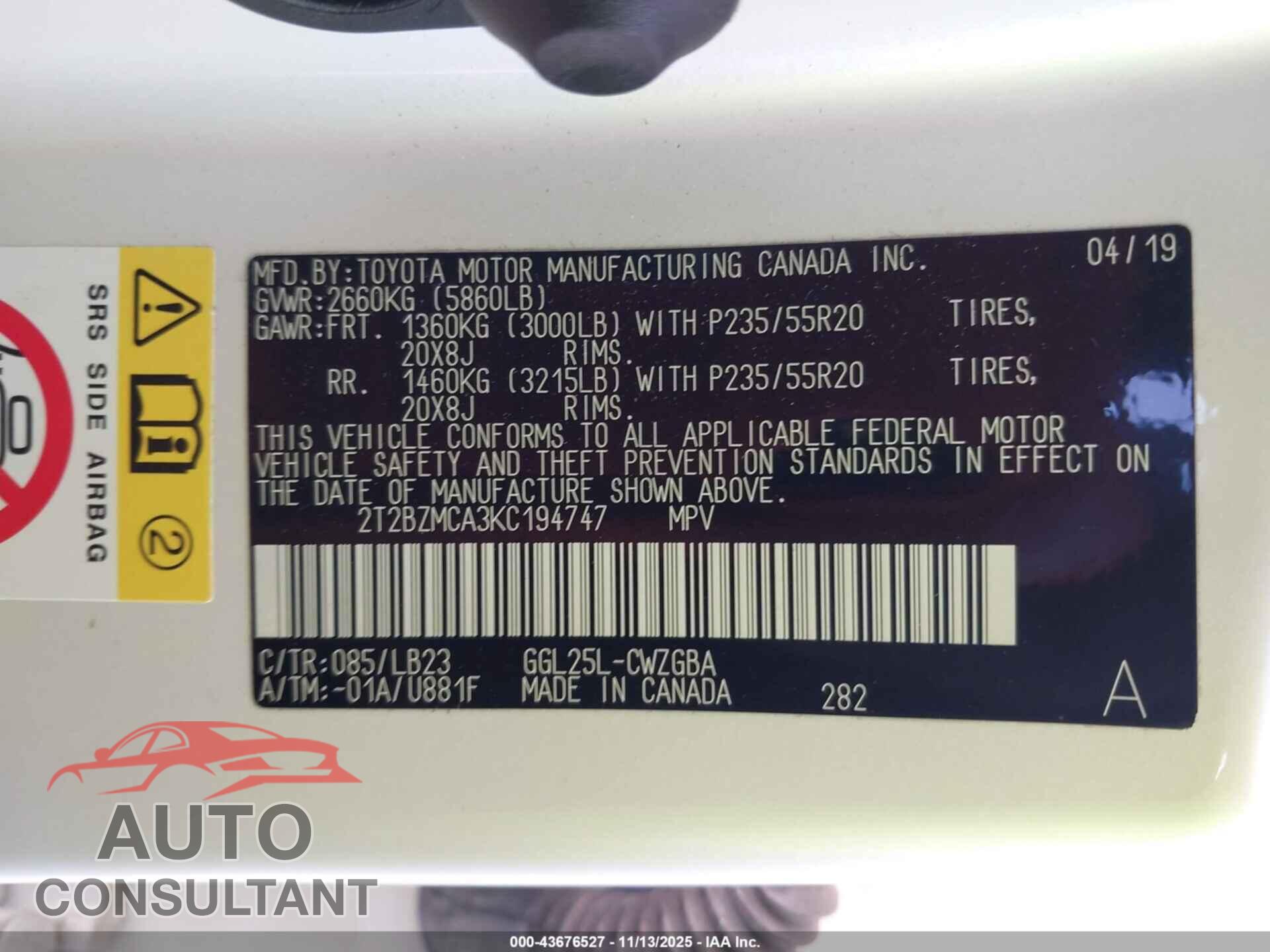 LEXUS RX 2019 - 2T2BZMCA3KC194747