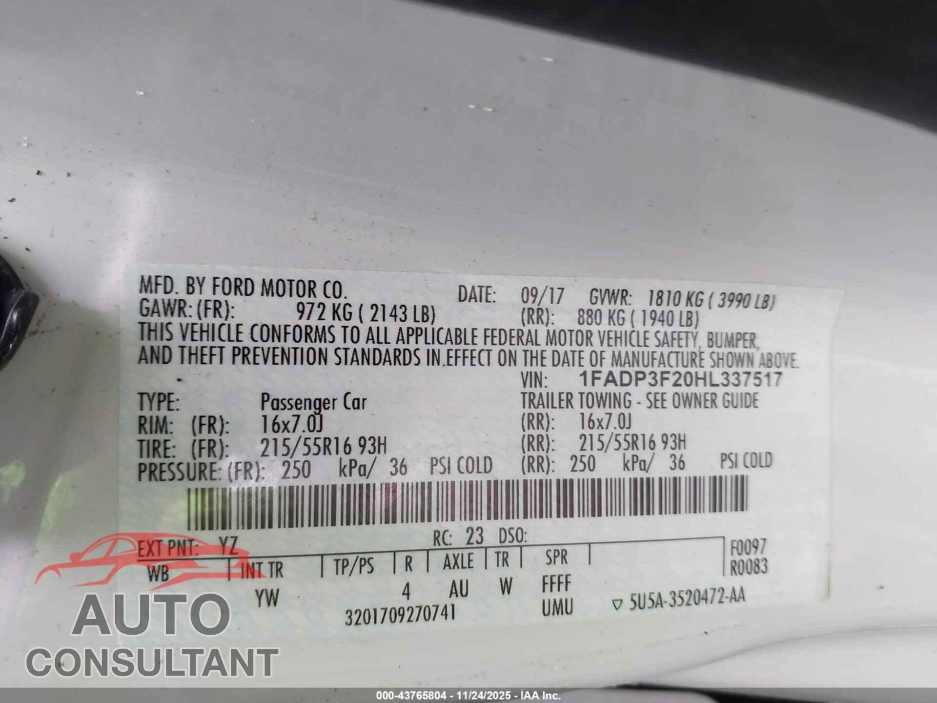 FORD FOCUS 2017 - 1FADP3F20HL337517