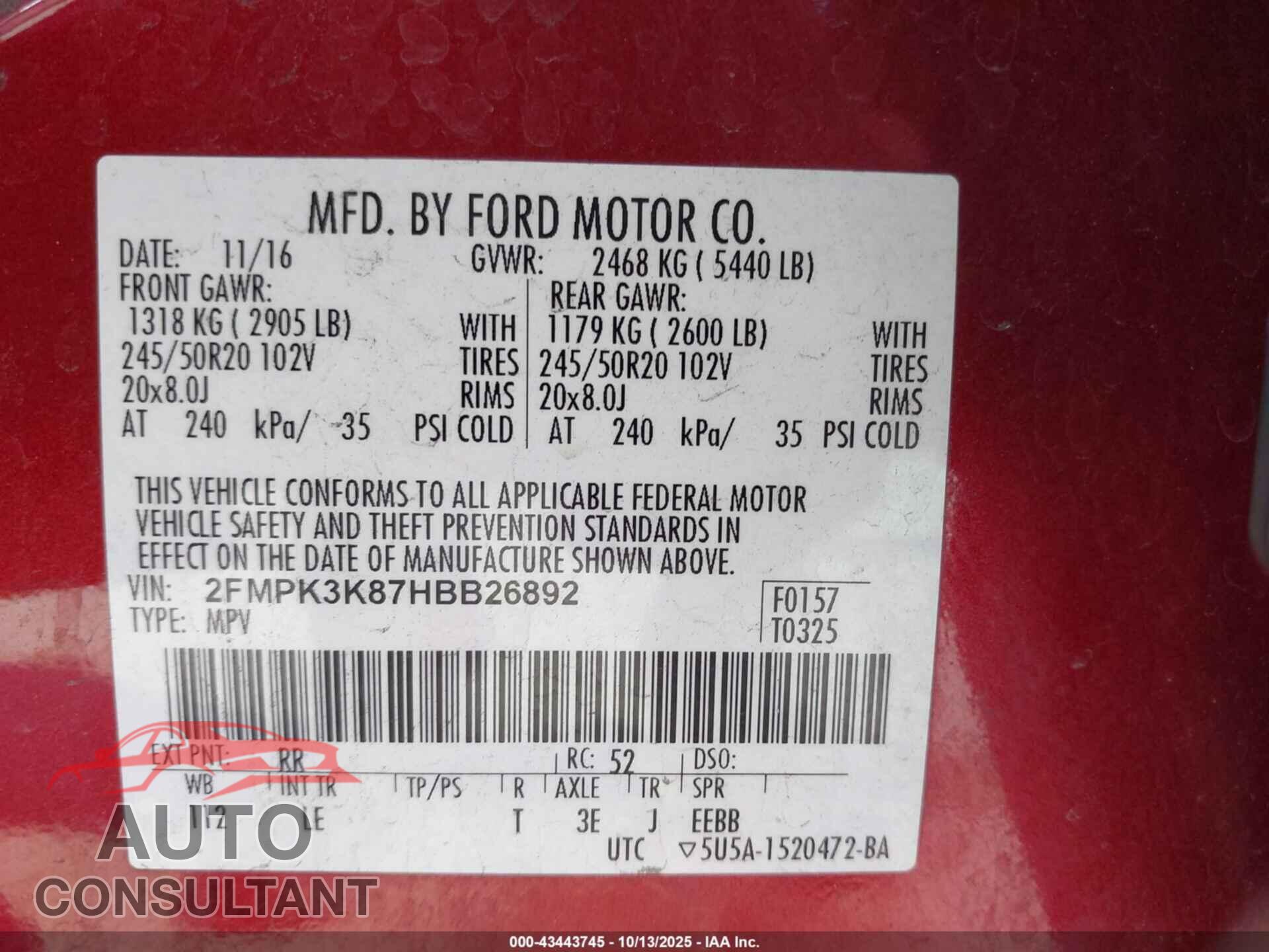 FORD EDGE 2017 - 2FMPK3K87HBB26892
