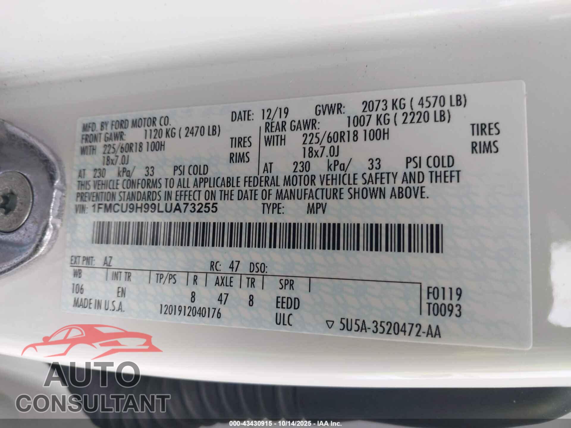 FORD ESCAPE 2020 - 1FMCU9H99LUA73255
