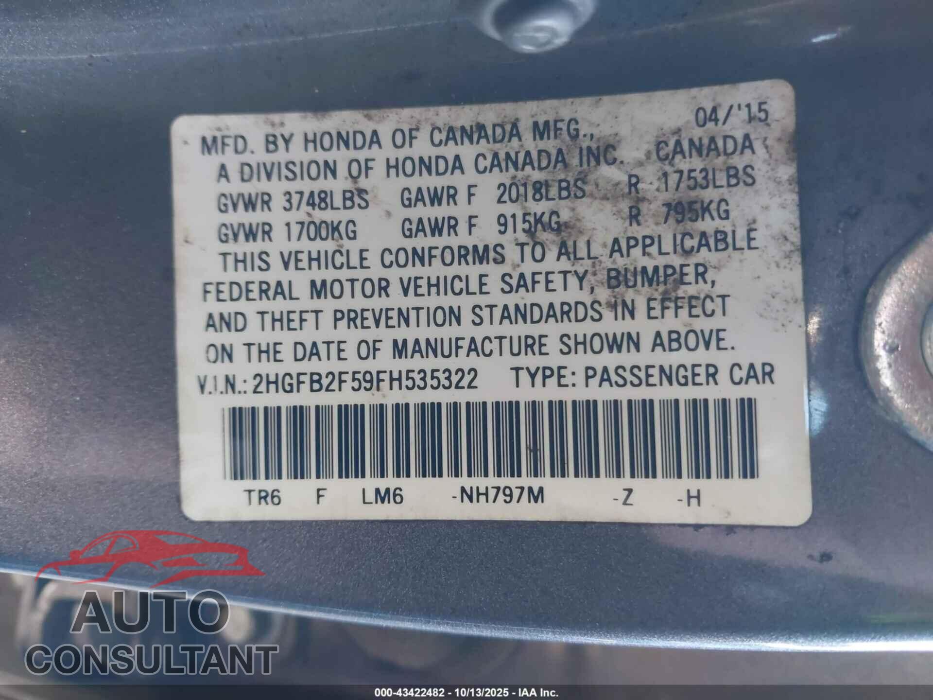 HONDA CIVIC 2015 - 2HGFB2F59FH535322