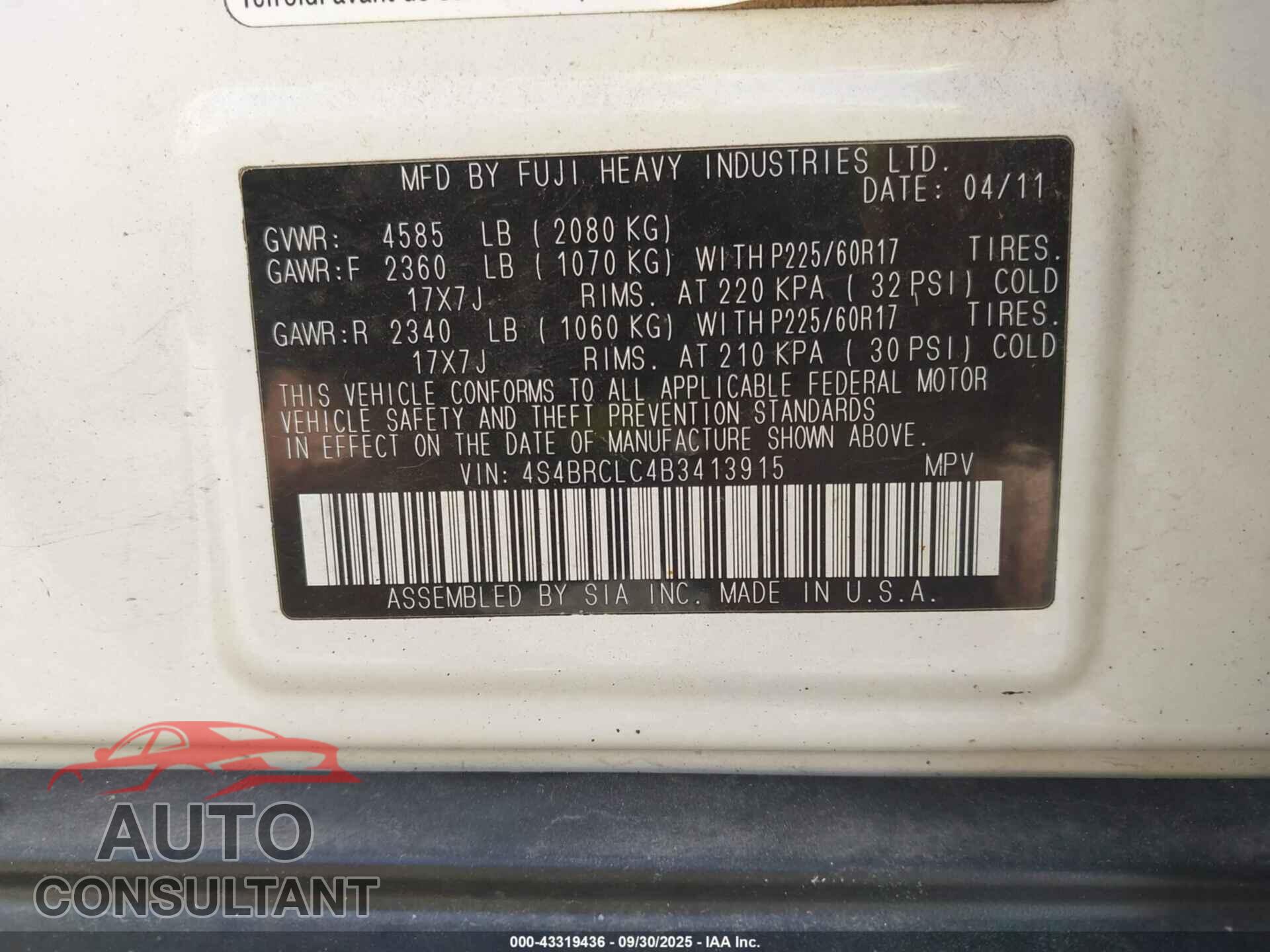SUBARU OUTBACK 2011 - 4S4BRCLC4B3413915