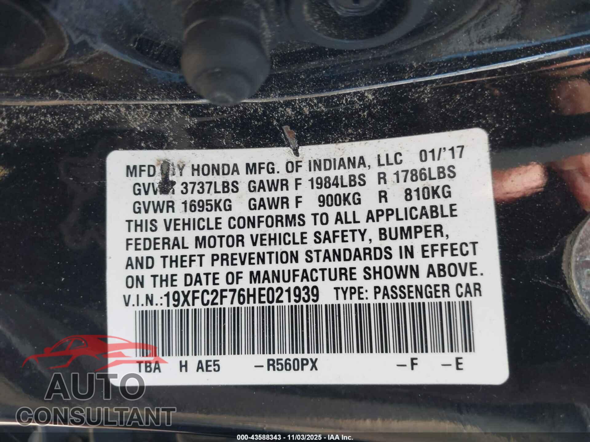 HONDA CIVIC 2017 - 19XFC2F76HE021939