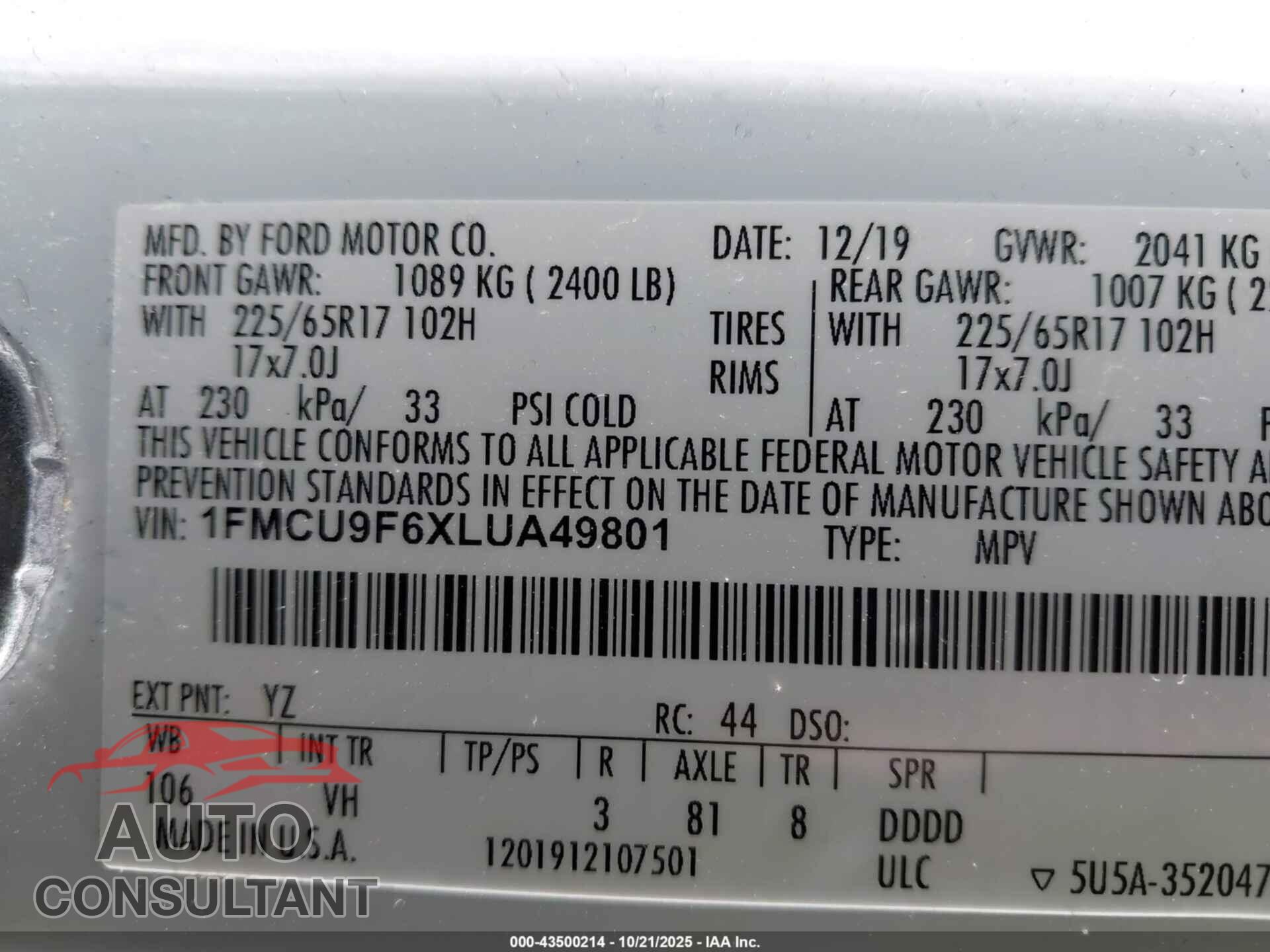 FORD ESCAPE 2020 - 1FMCU9F6XLUA49801