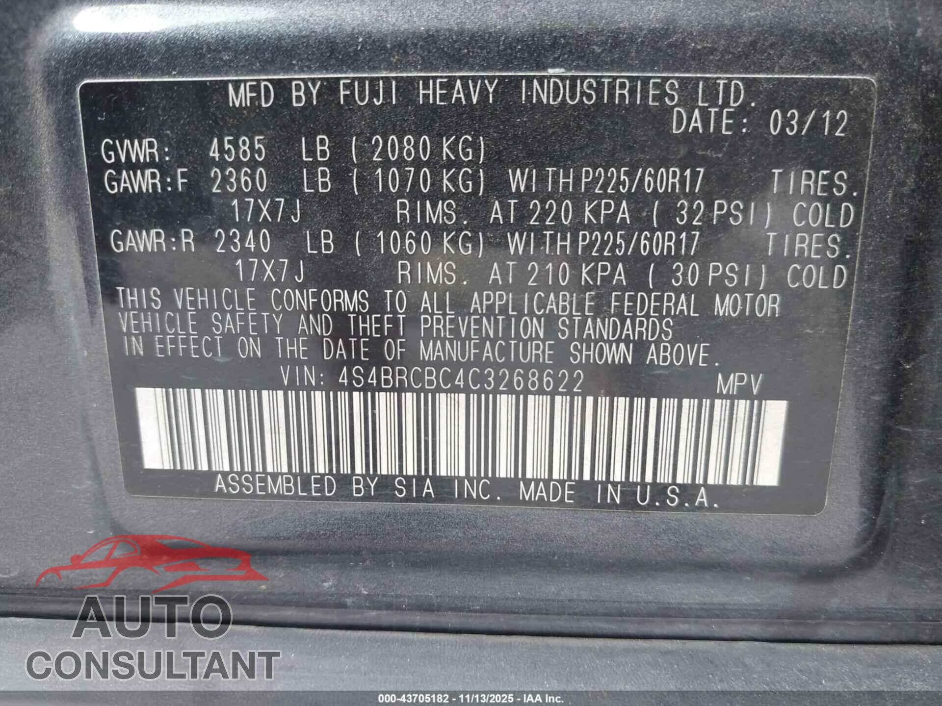 SUBARU OUTBACK 2012 - 4S4BRCBC4C3268622
