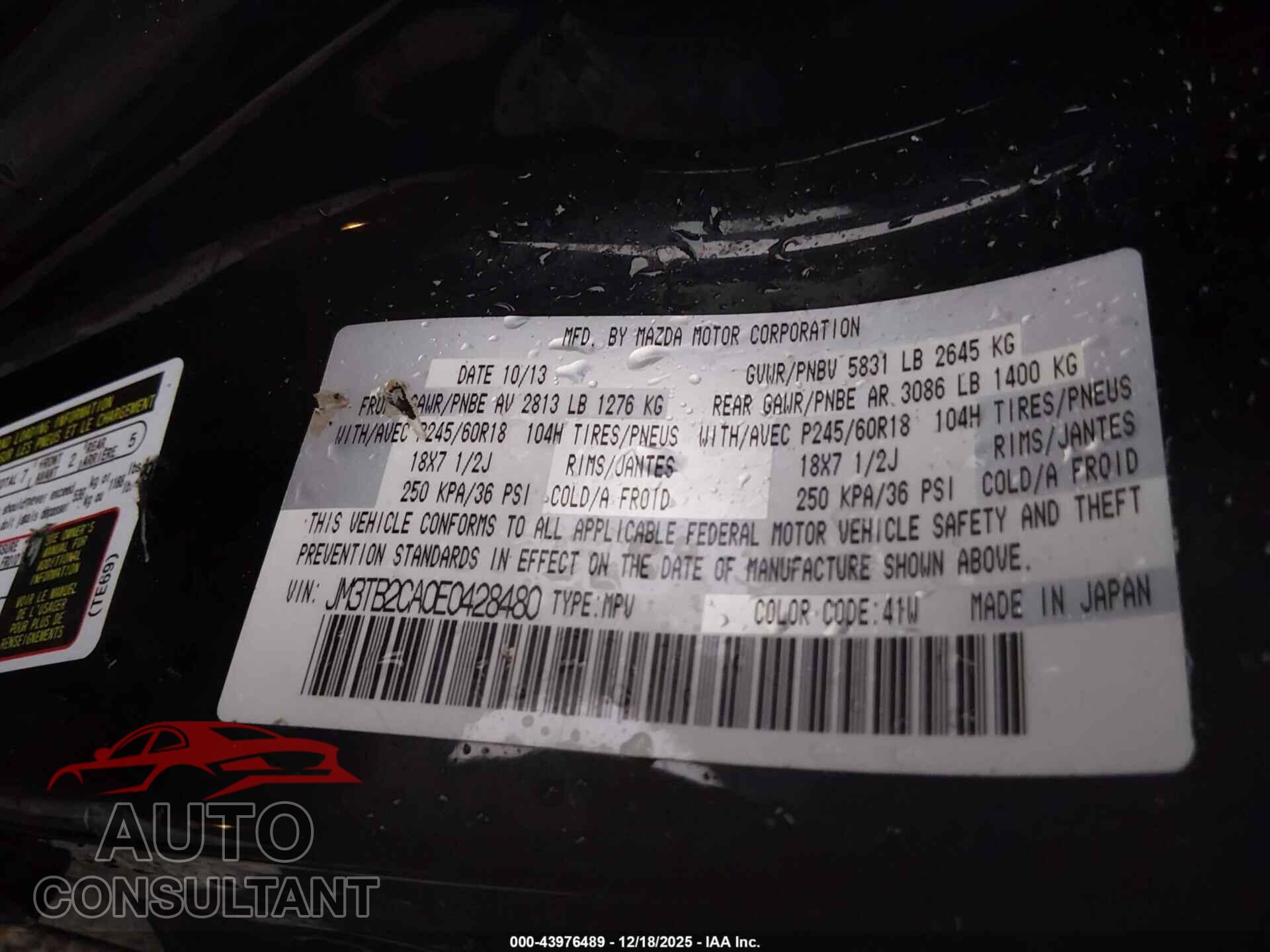 MAZDA CX-9 2014 - JM3TB2CA0E0428480