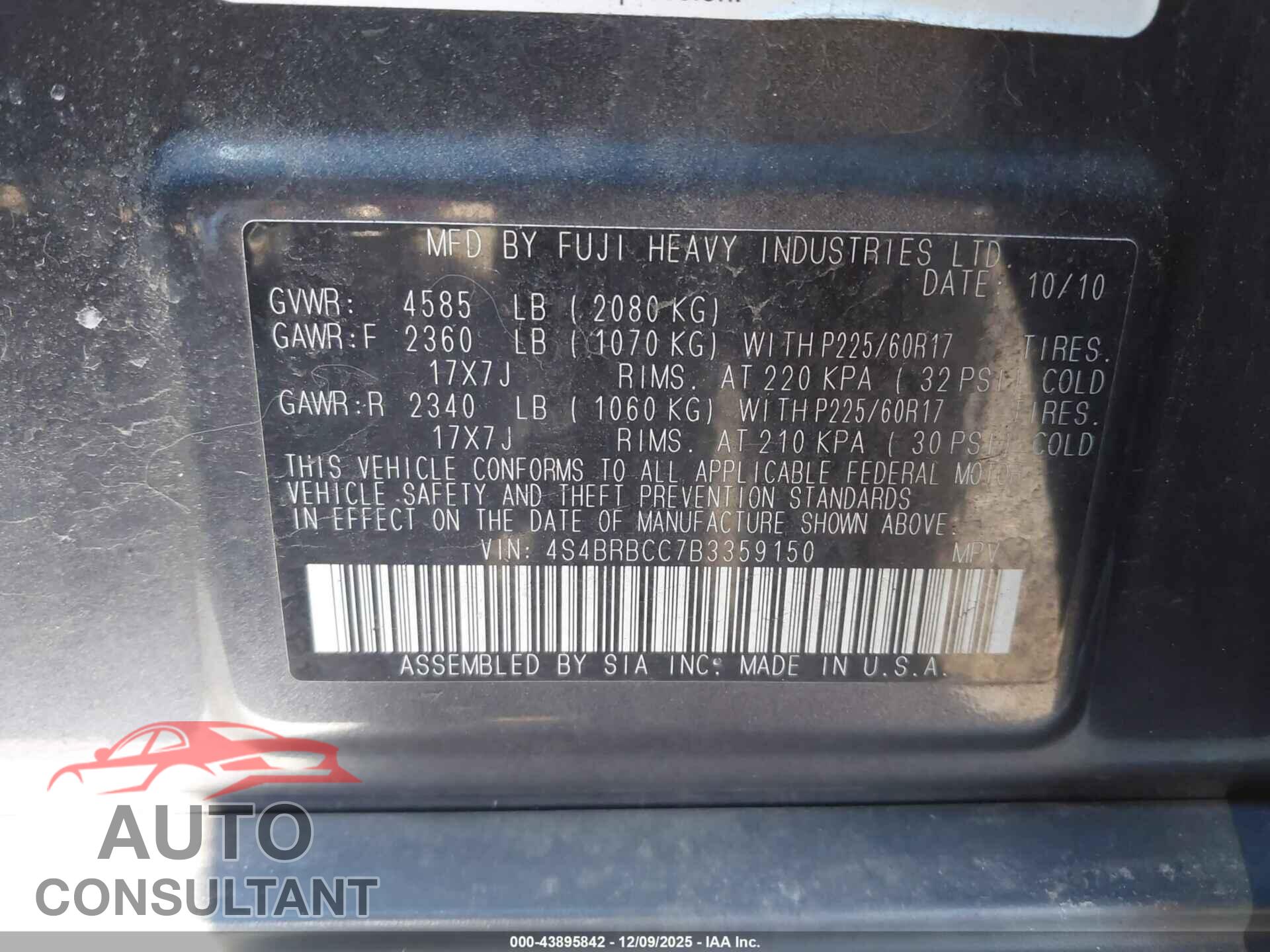 SUBARU OUTBACK 2011 - 4S4BRBCC7B3359150