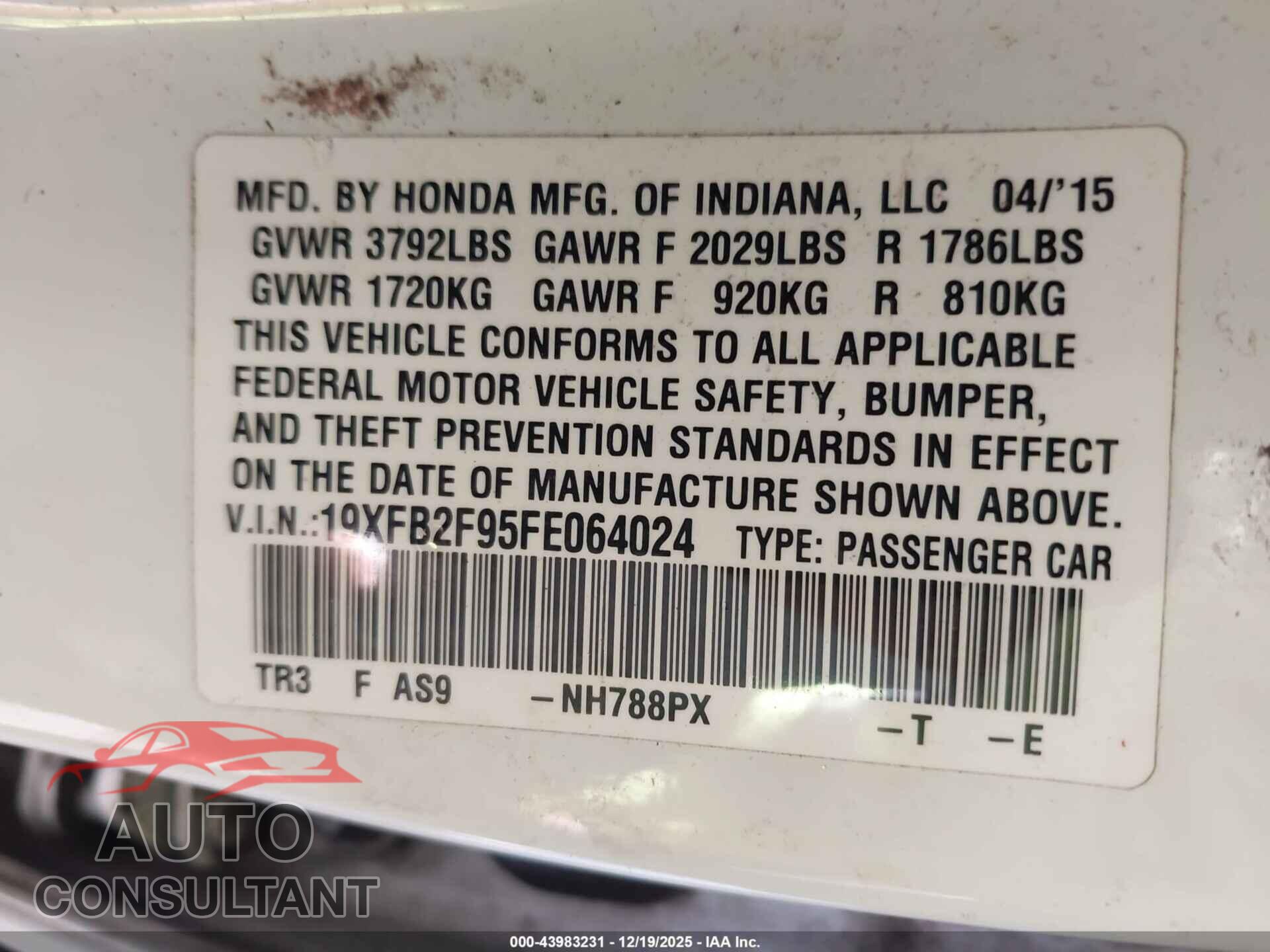 HONDA CIVIC 2015 - 19XFB2F95FE064024