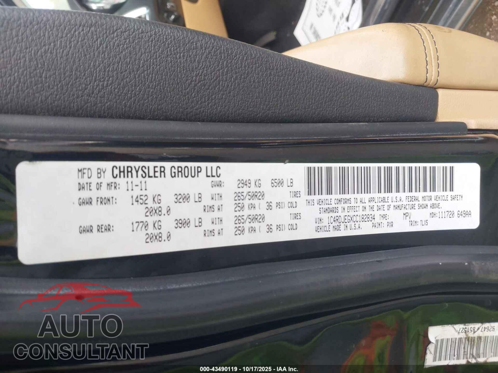 DODGE DURANGO 2012 - 1C4RDJEGXCC182834