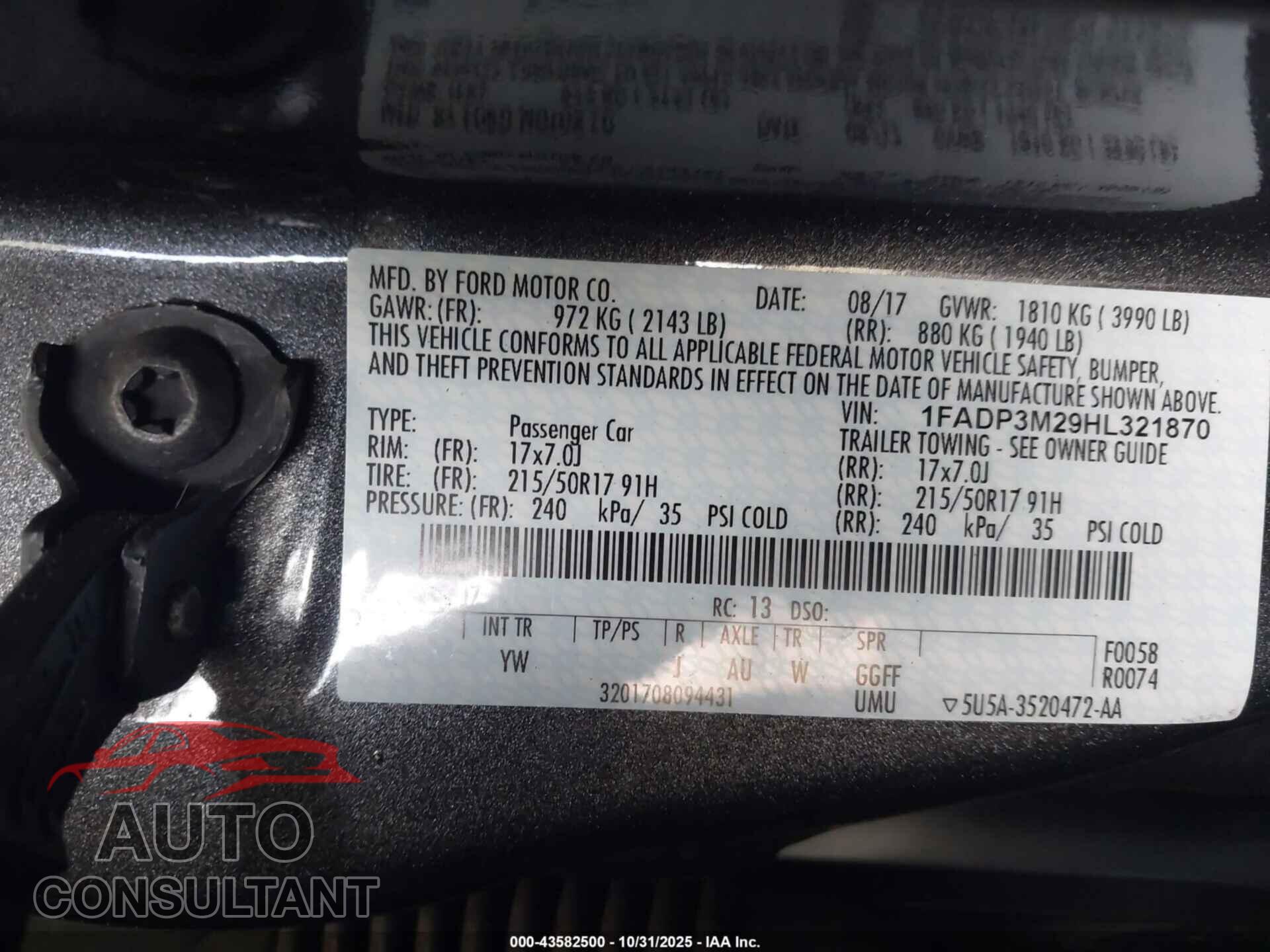 FORD FOCUS 2017 - 1FADP3M29HL321870