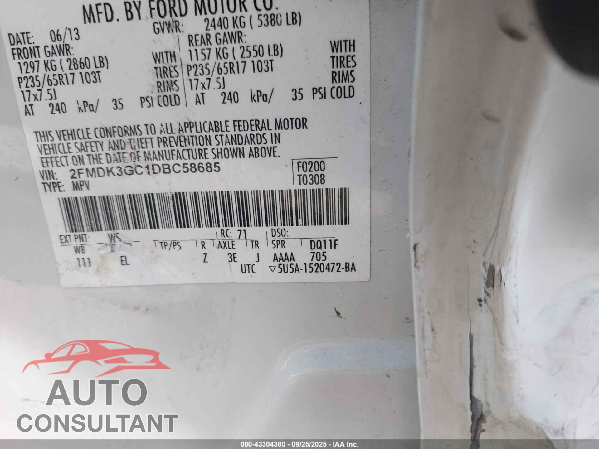 FORD EDGE 2013 - 2FMDK3GC1DBC58685