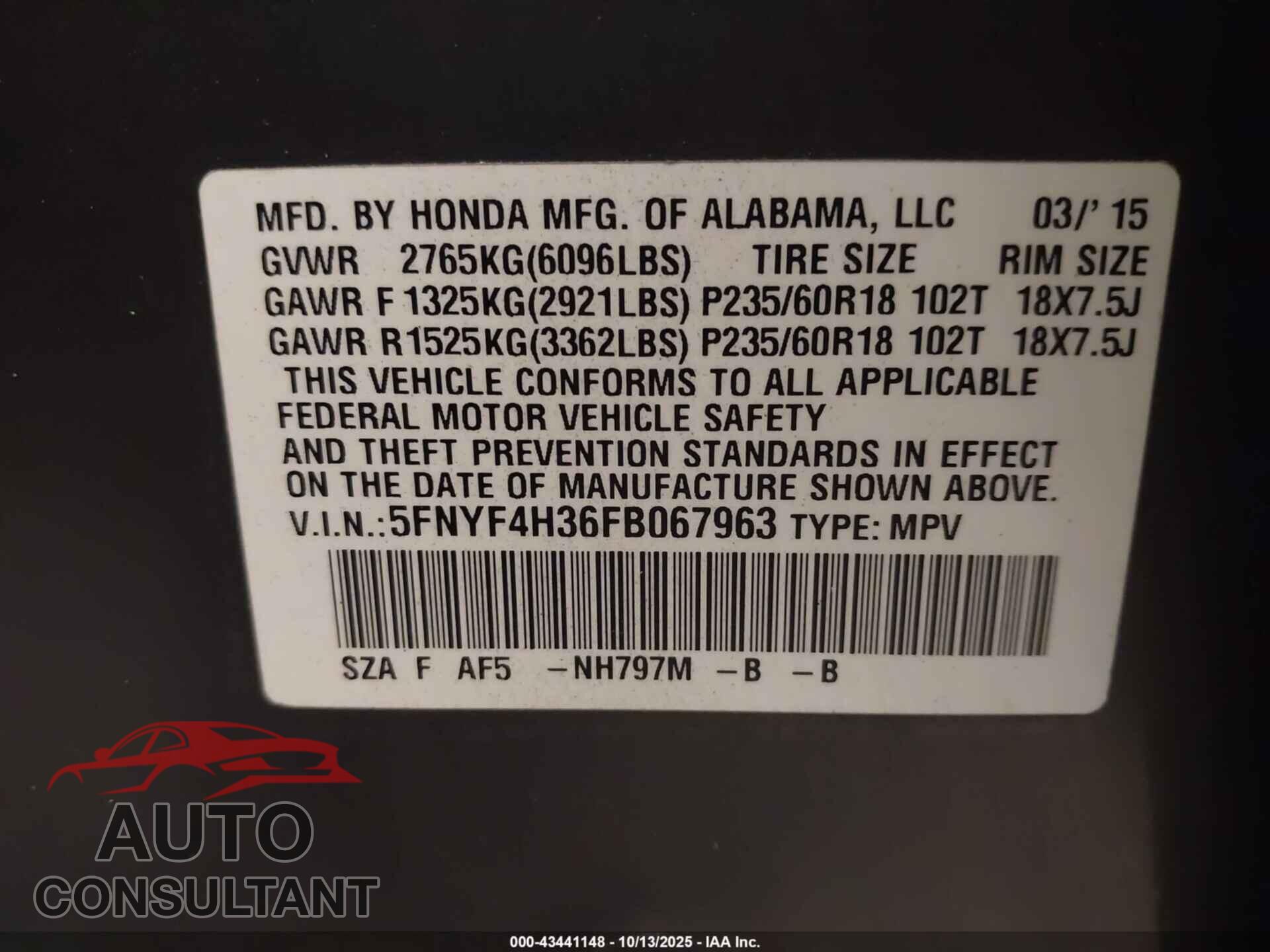 HONDA PILOT 2015 - 5FNYF4H36FB067963
