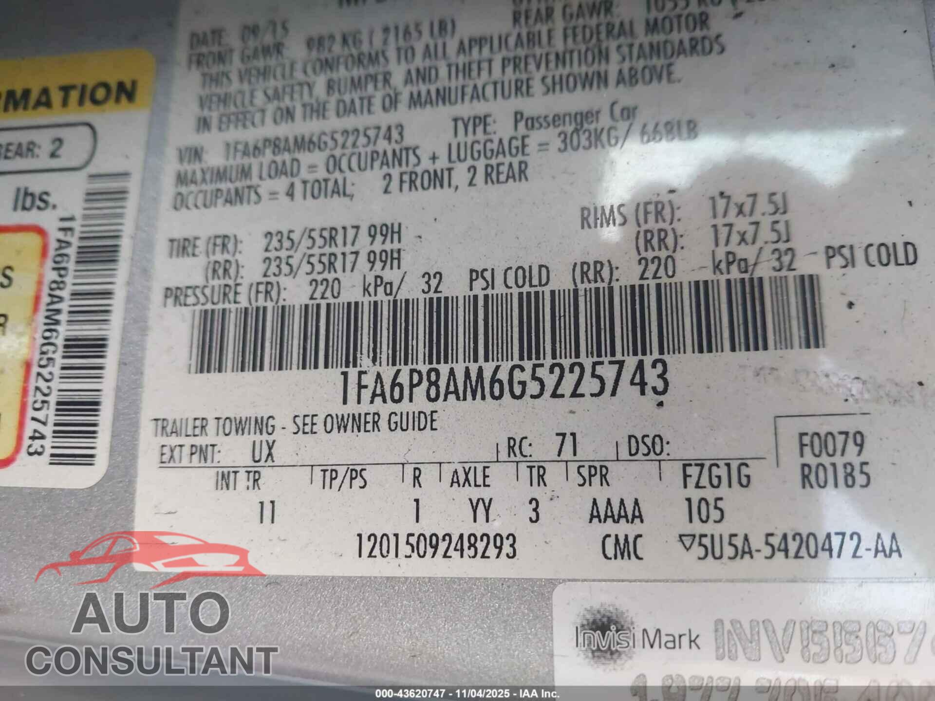 FORD MUSTANG 2016 - 1FA6P8AM6G5225743