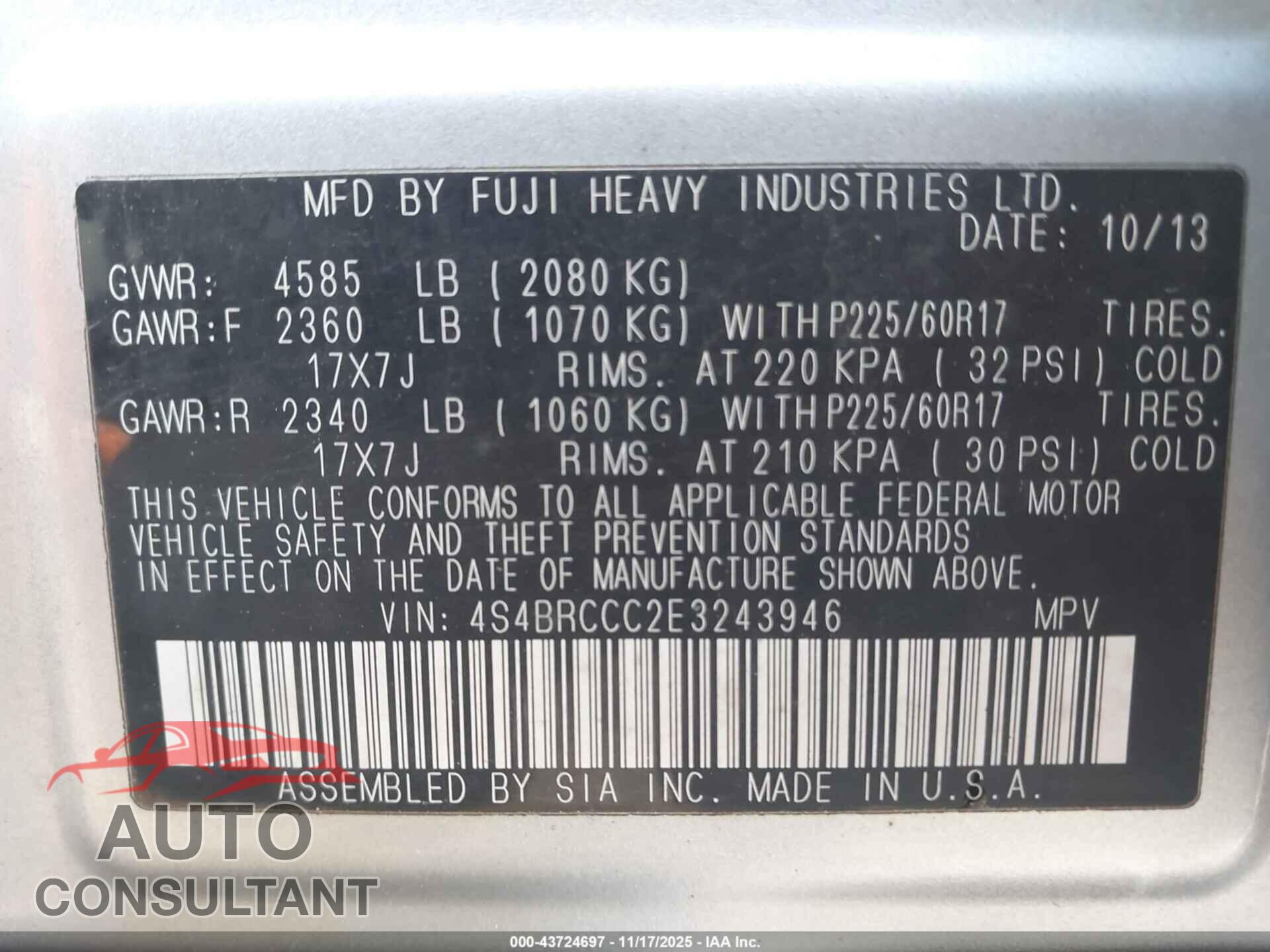 SUBARU OUTBACK 2014 - 4S4BRCCC2E3243946