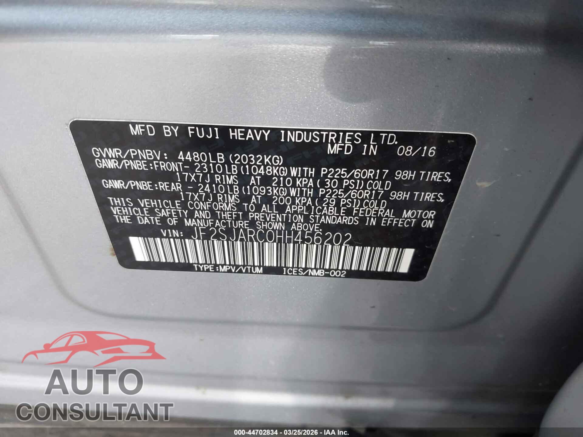 SUBARU FORESTER 2017 - JF2SJARC0HH456202