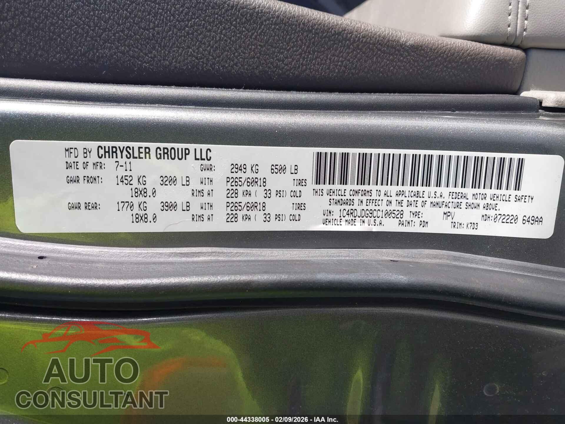 DODGE DURANGO 2012 - 1C4RDJDG9CC100528