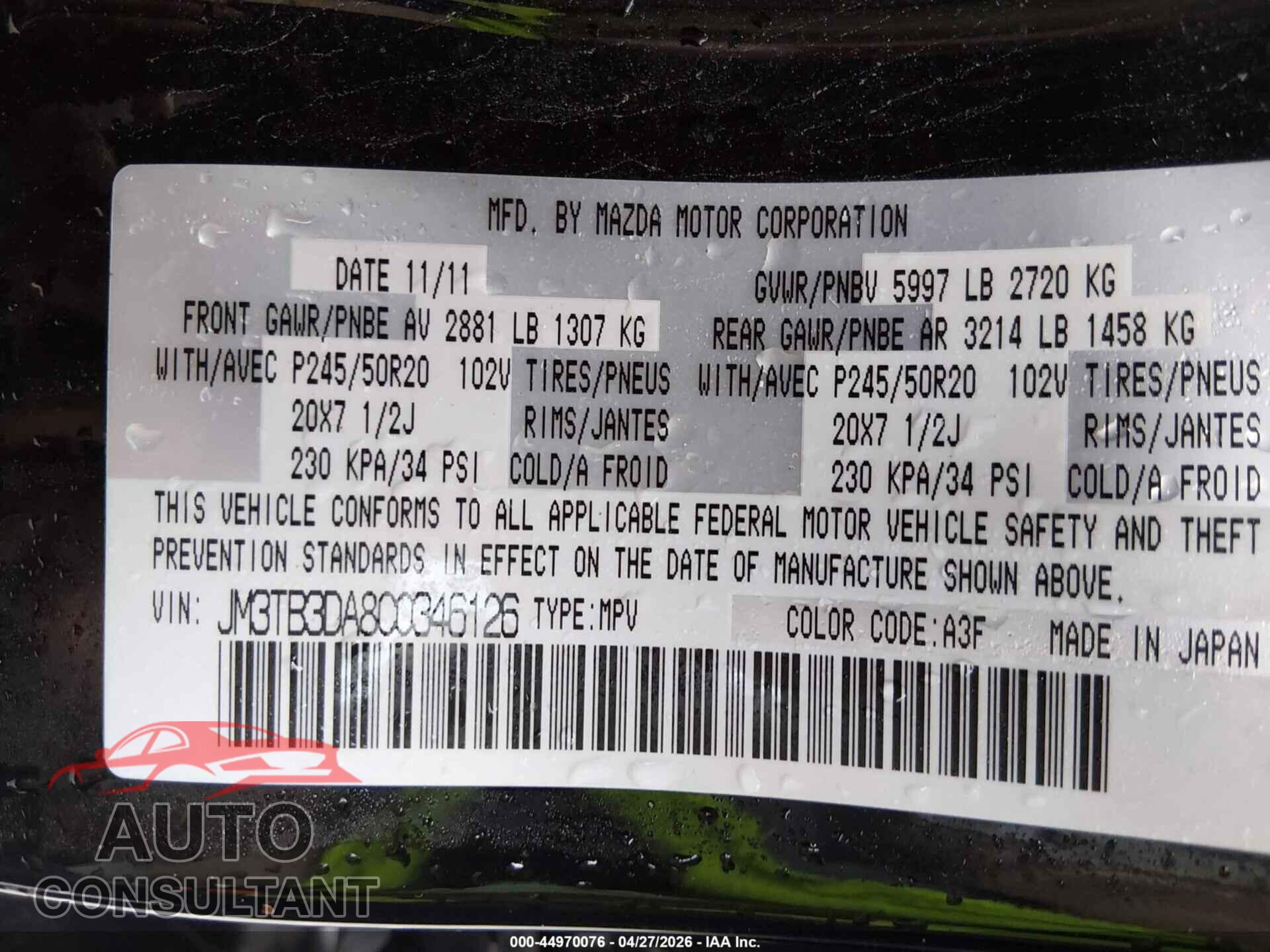 MAZDA CX-9 2012 - JM3TB3DA8C0346126