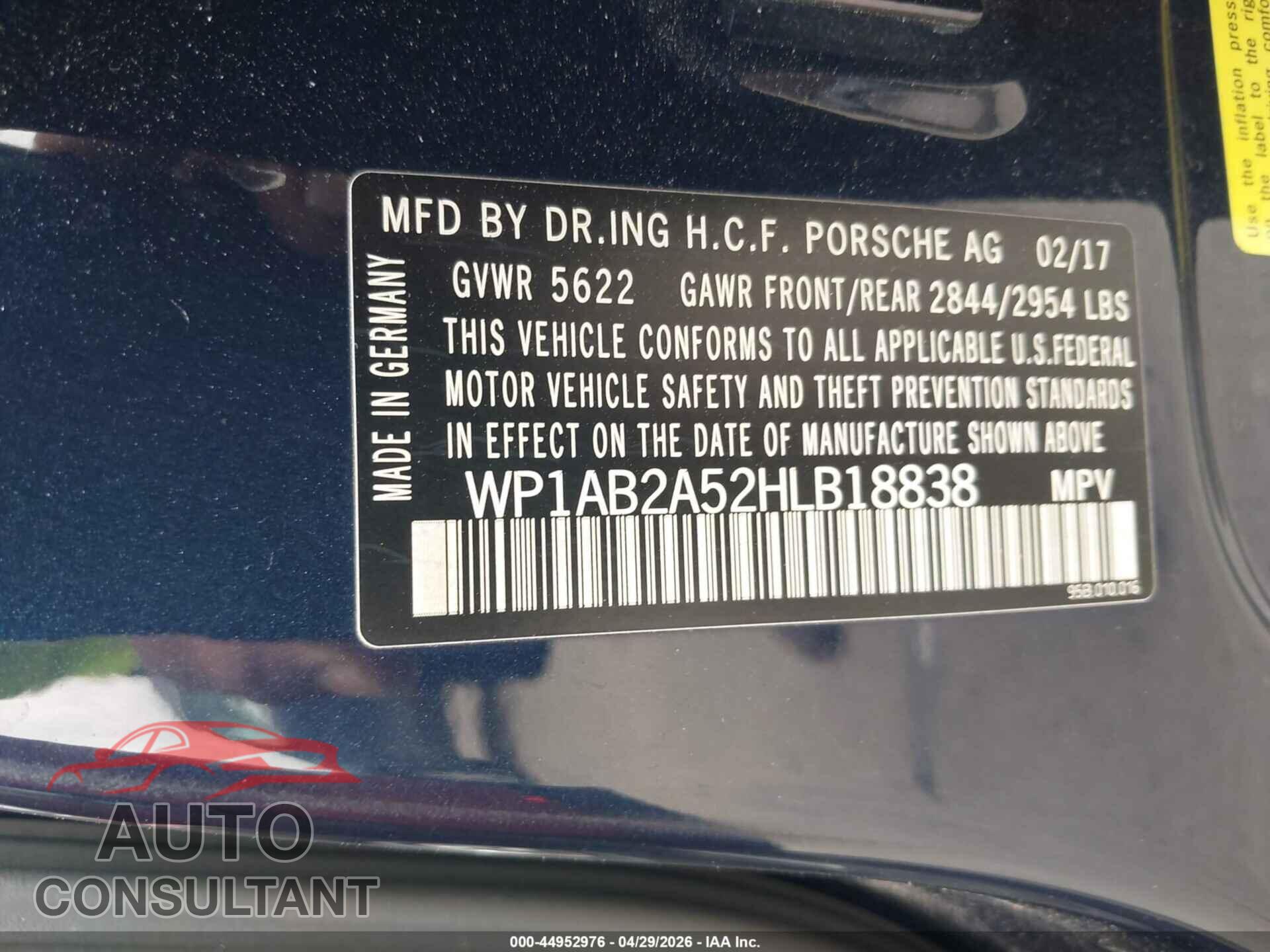 PORSCHE MACAN 2017 - WP1AB2A52HLB18838