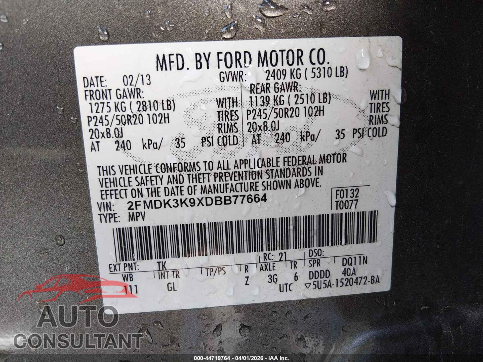 FORD EDGE 2013 - 2FMDK3K9XDBB77664