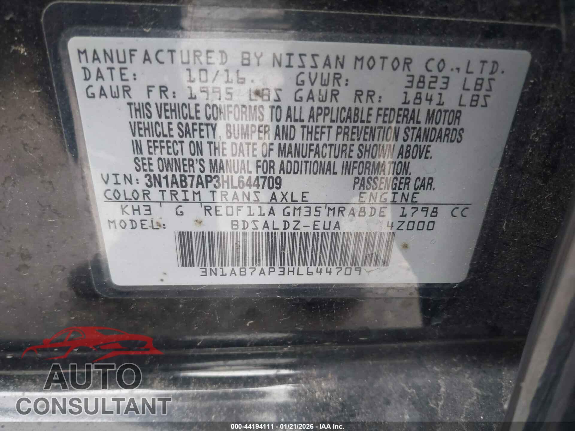 NISSAN SENTRA 2017 - 3N1AB7AP3HL644709