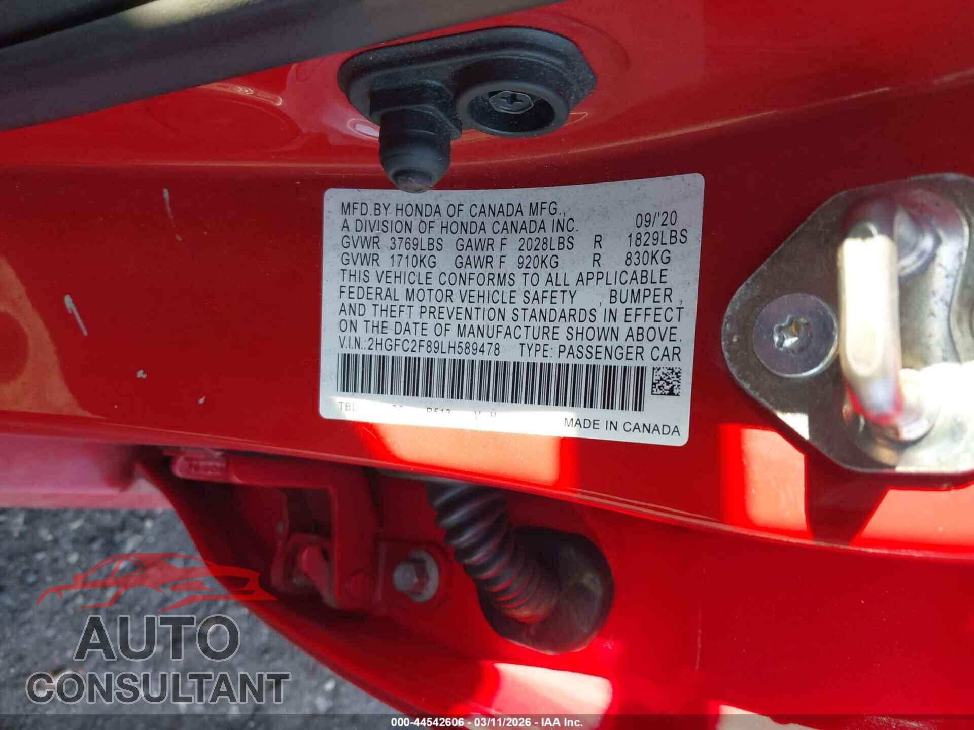 HONDA CIVIC 2020 - 2HGFC2F89LH589478