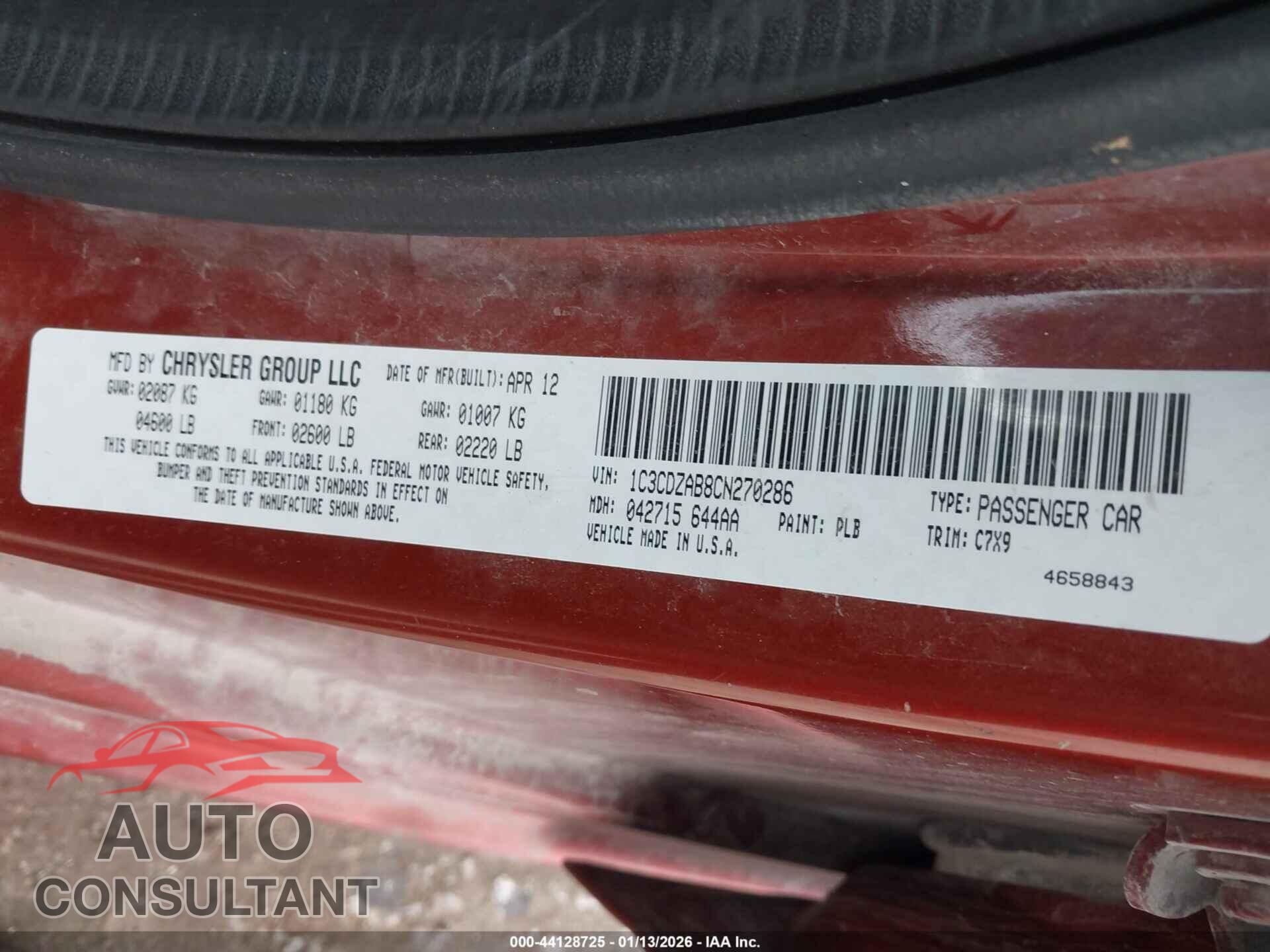 DODGE AVENGER 2012 - 1C3CDZAB8CN270286