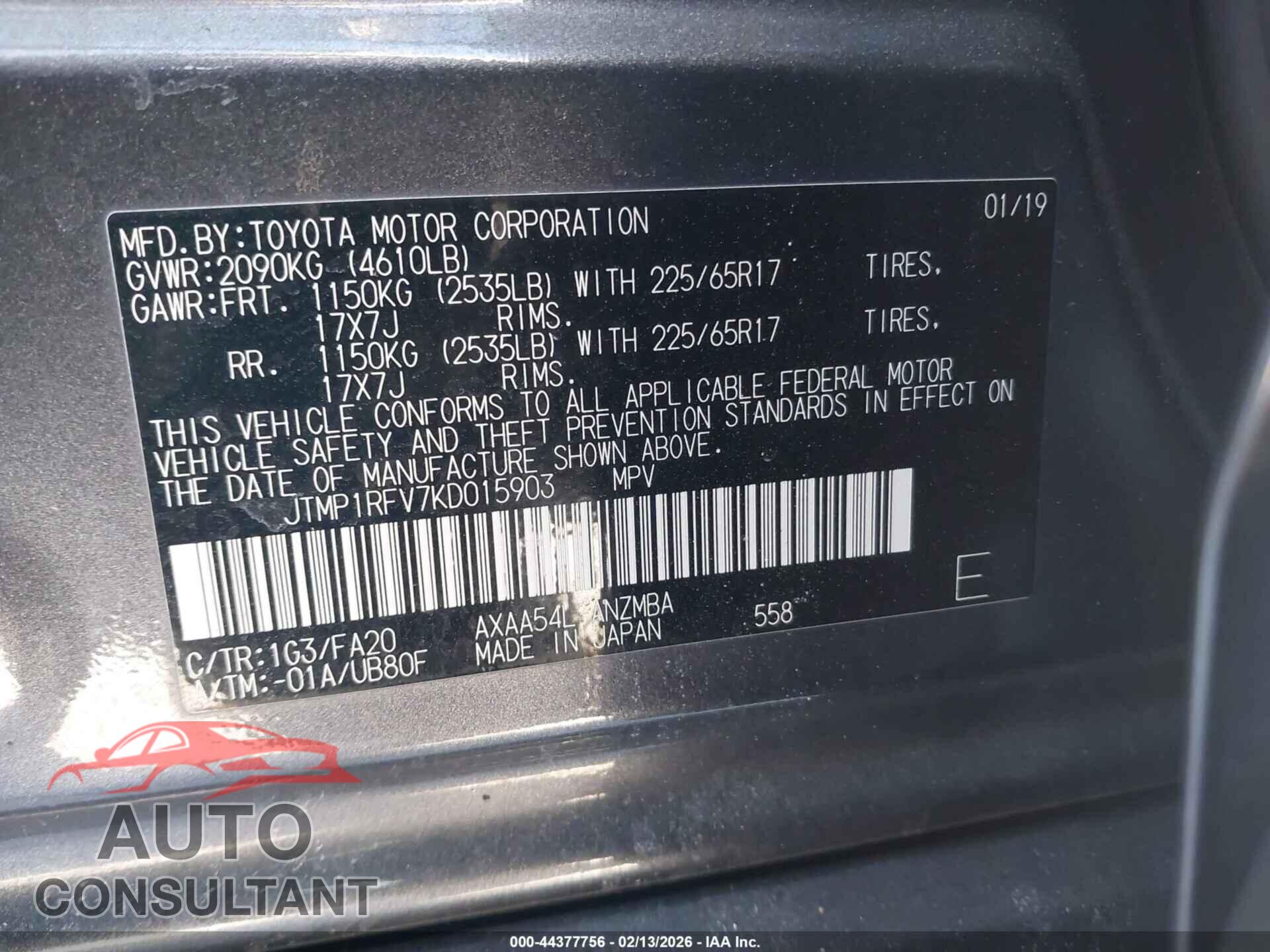 TOYOTA RAV4 2019 - JTMP1RFV7KD015903