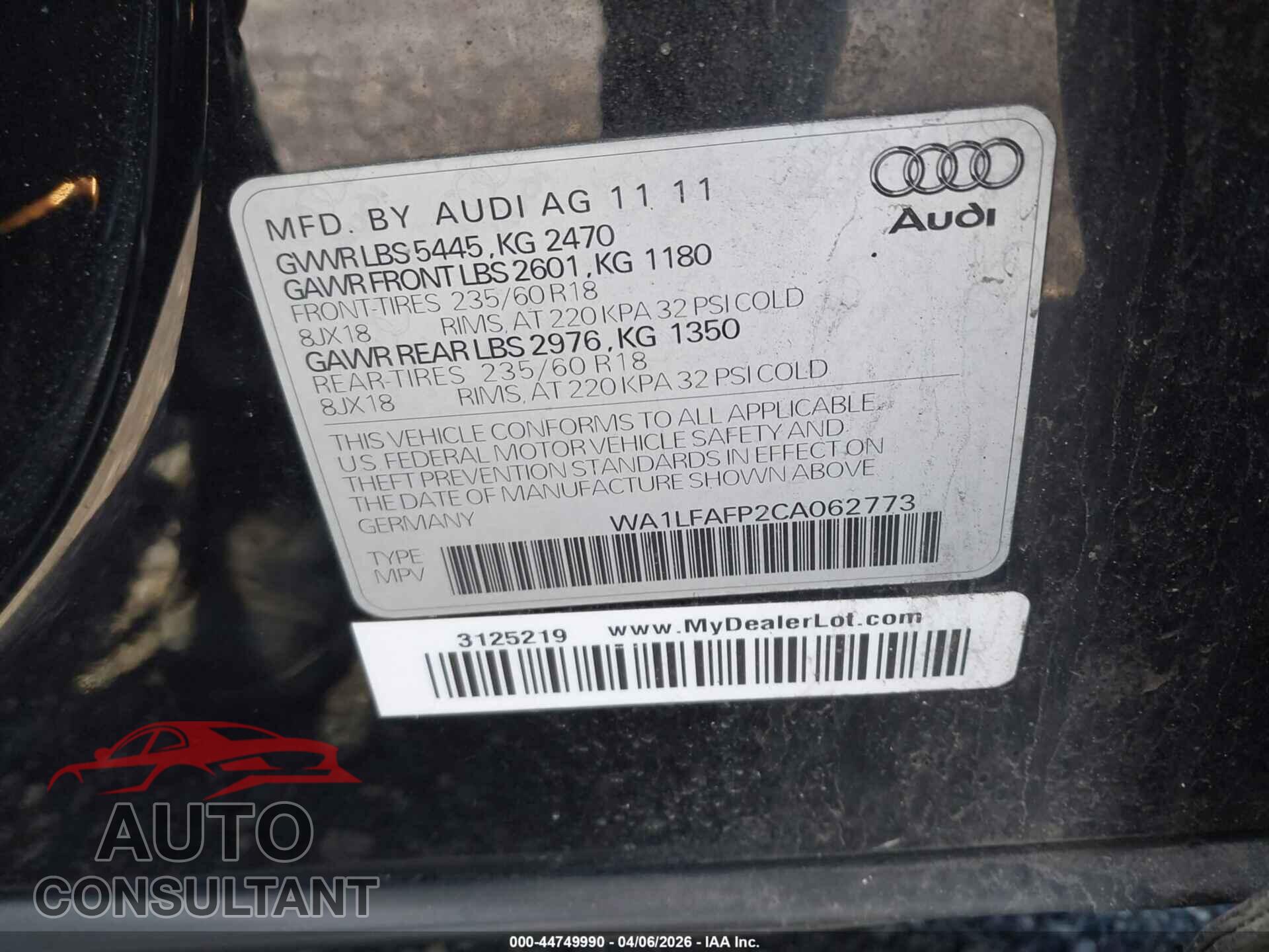 AUDI Q5 2012 - WA1LFAFP2CA062773