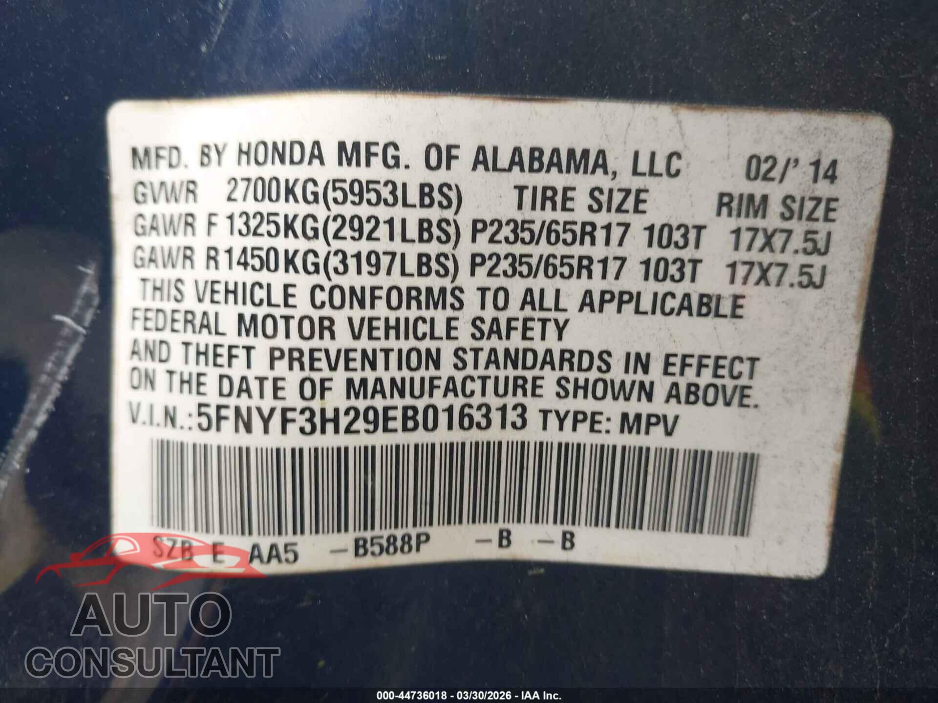 HONDA PILOT 2014 - 5FNYF3H29EB016313