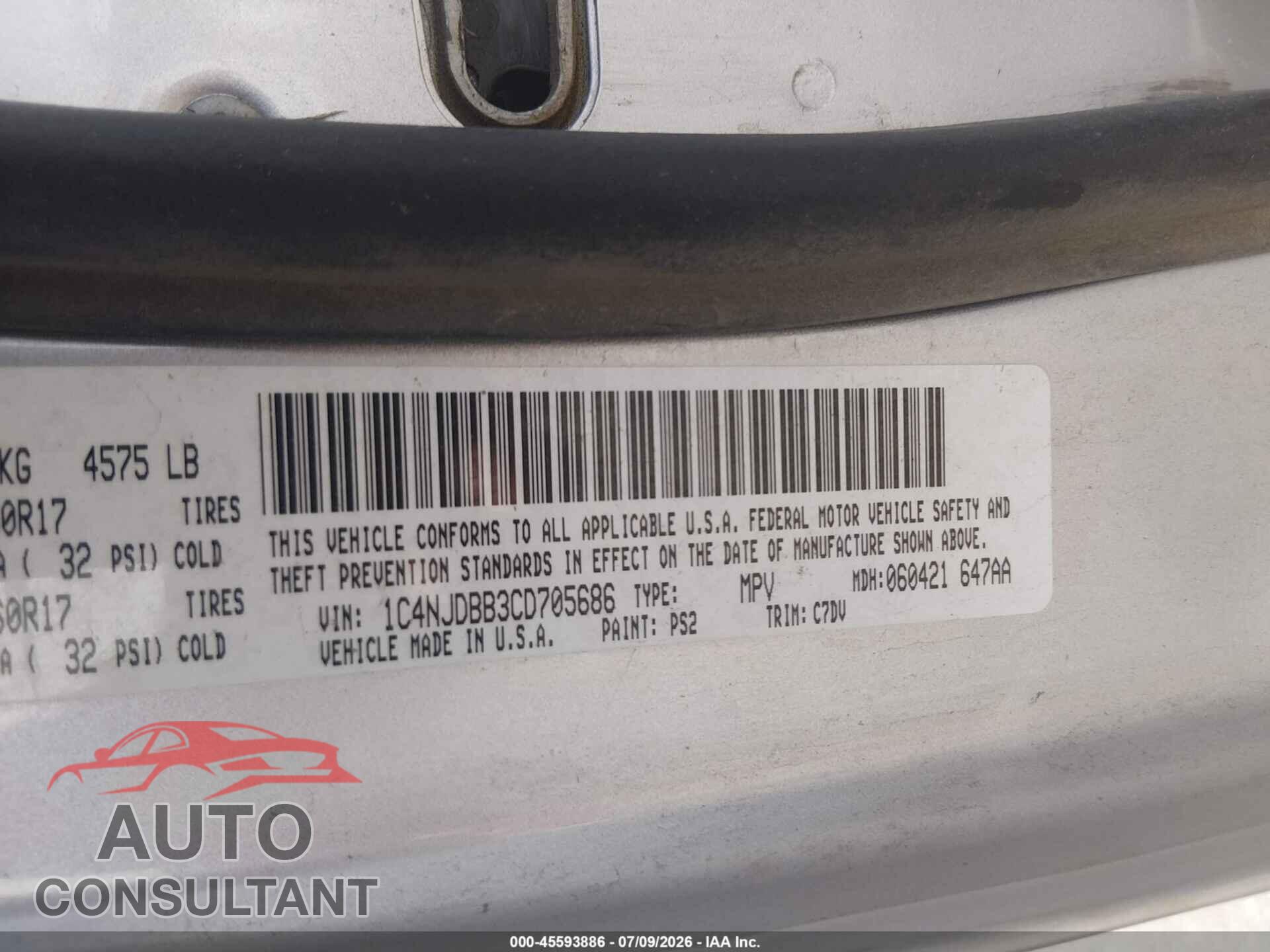 JEEP COMPASS 2012 - 1C4NJDBB3CD705686