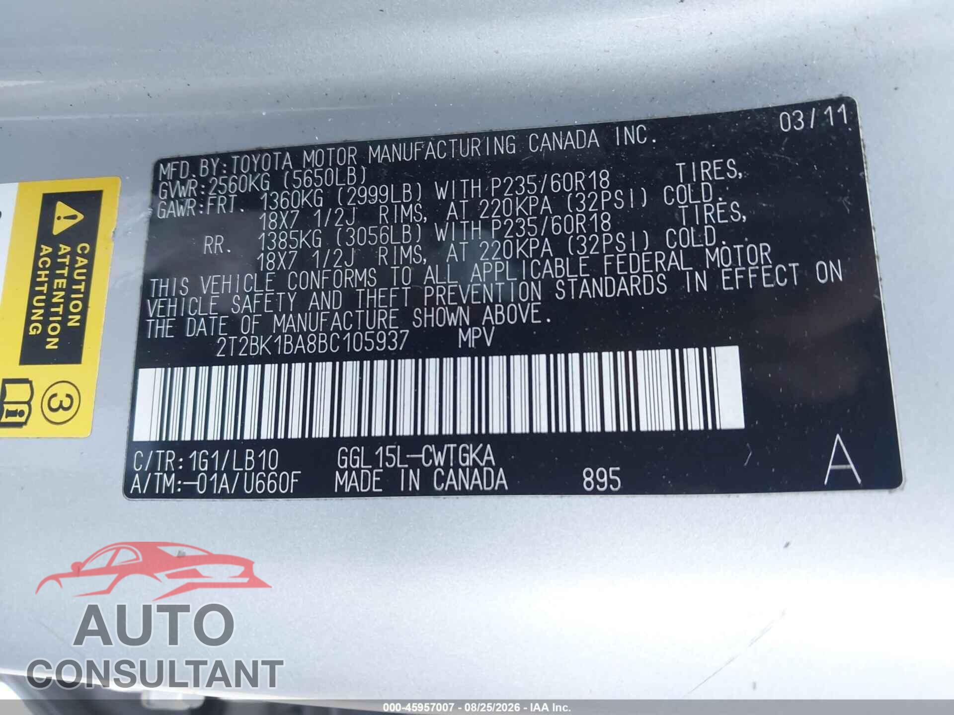LEXUS RX 350 2011 - 2T2BK1BA8BC105937