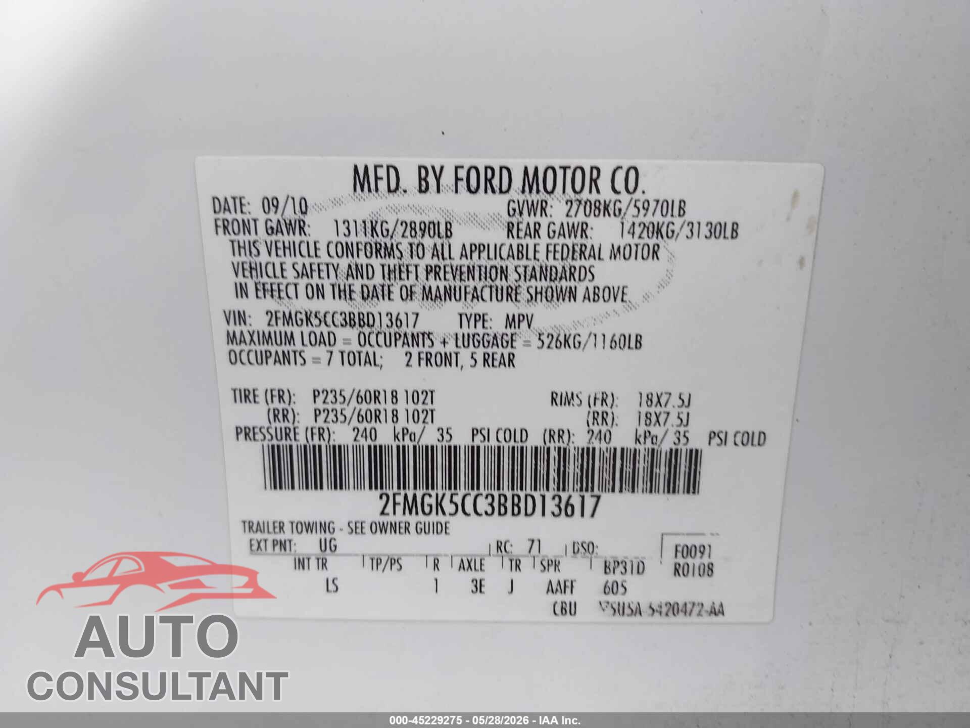FORD FLEX 2011 - 2FMGK5CC3BBD13617