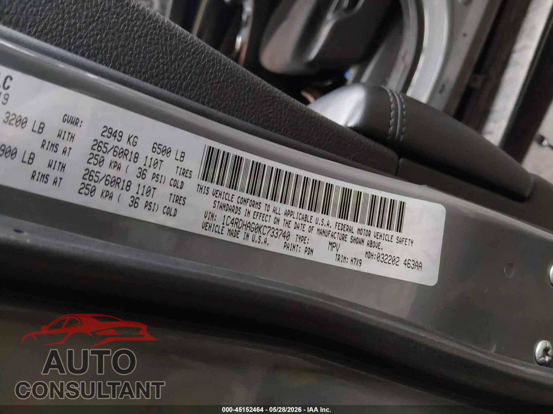 DODGE DURANGO 2019 - 1C4RDHAG0KC733740