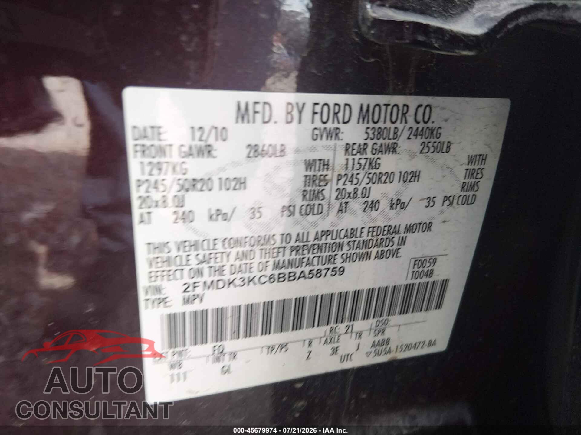 FORD EDGE 2011 - 2FMDK3KC6BBA58759