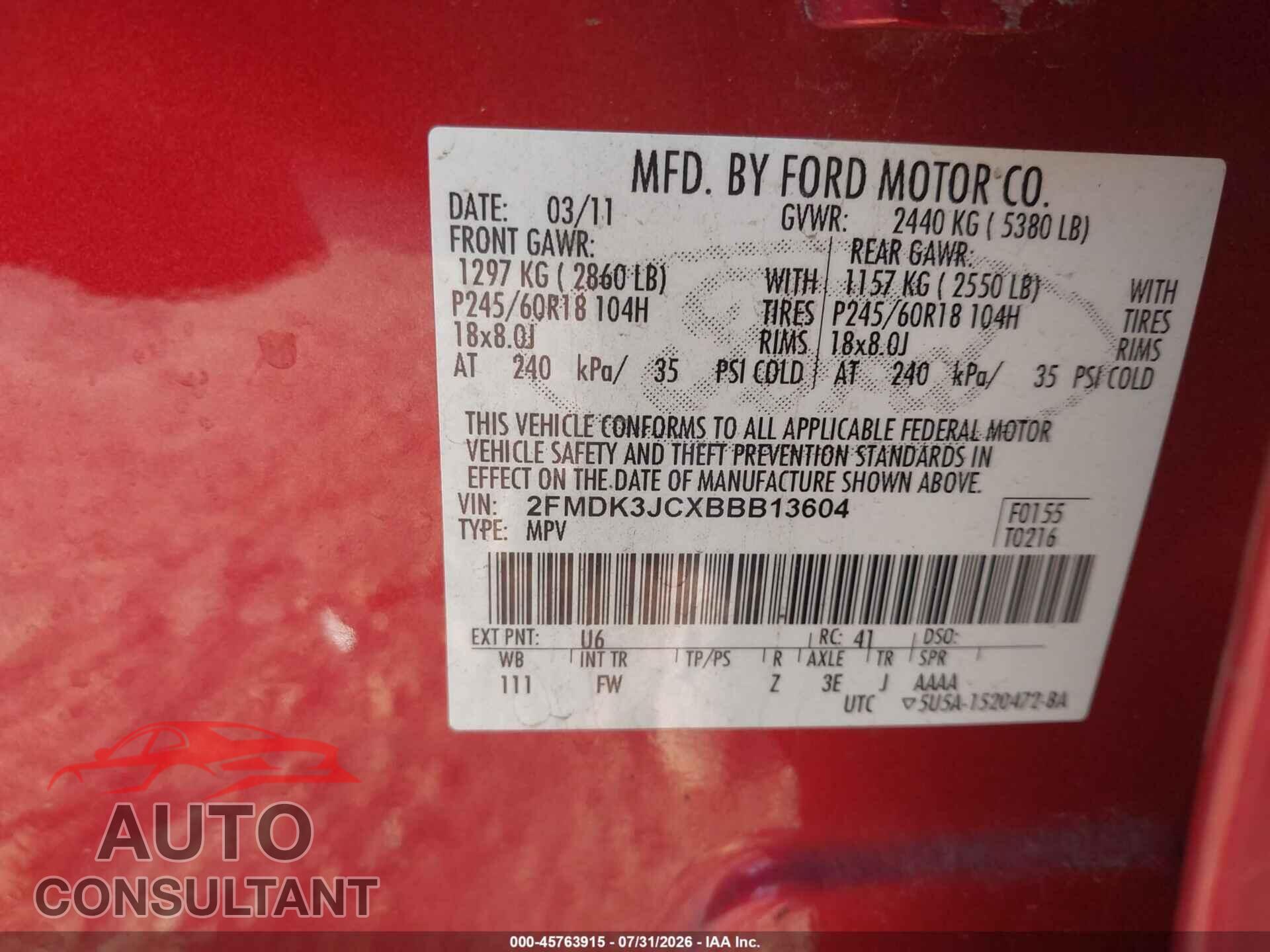 FORD EDGE 2011 - 2FMDK3JCXBBB13604