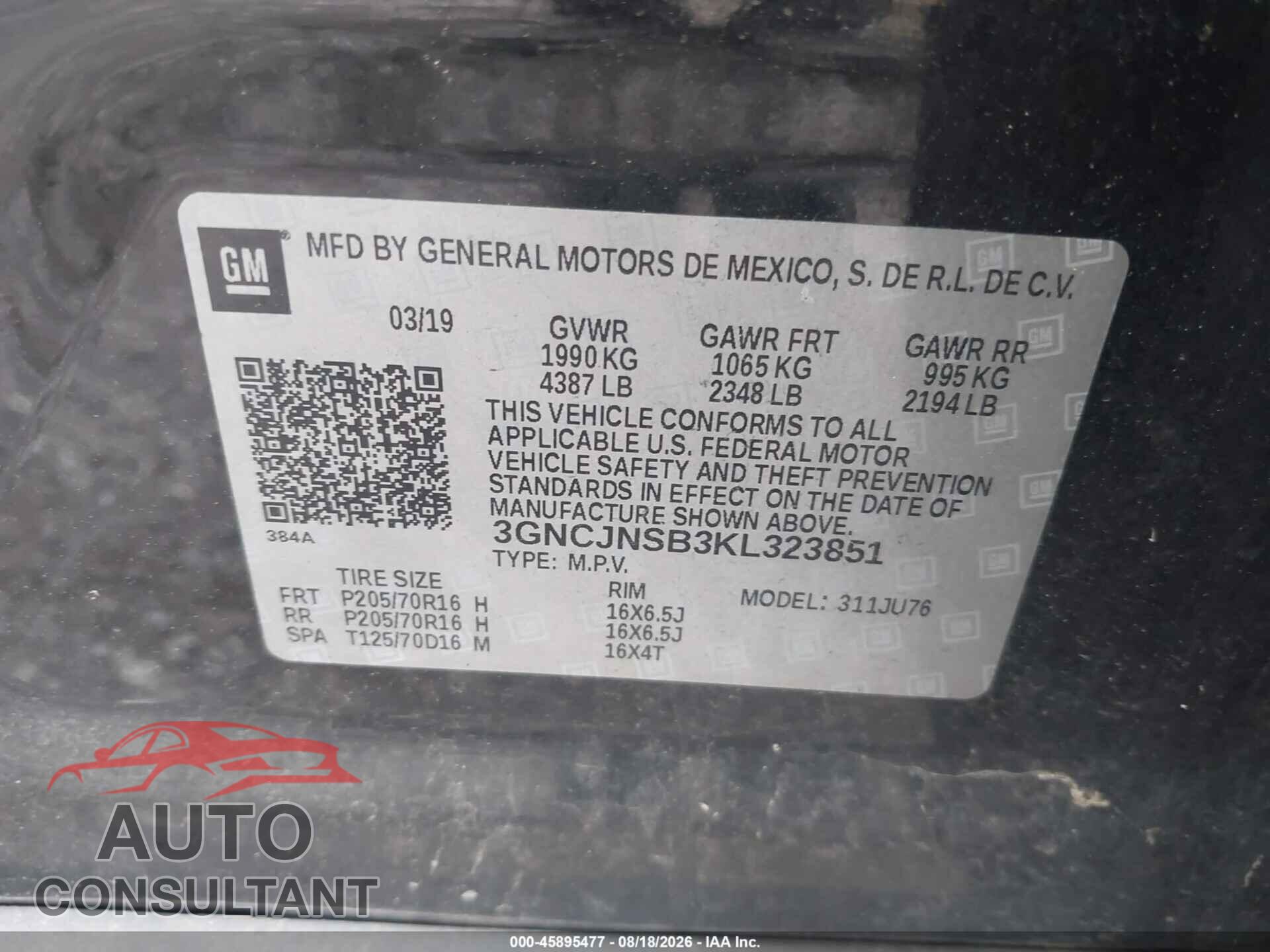 CHEVROLET TRAX 2019 - 3GNCJNSB3KL323851