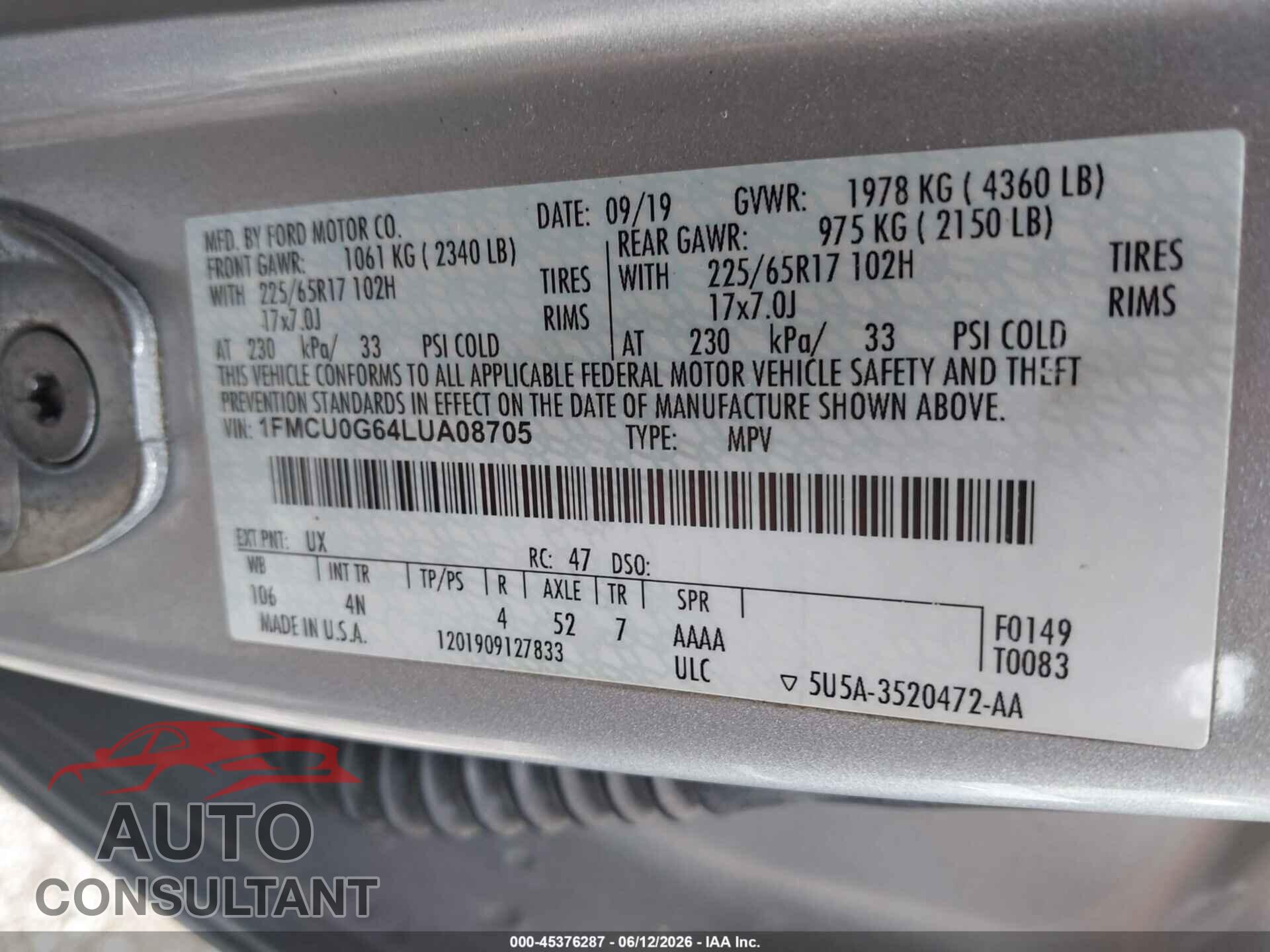 FORD ESCAPE 2020 - 1FMCU0G64LUA08705