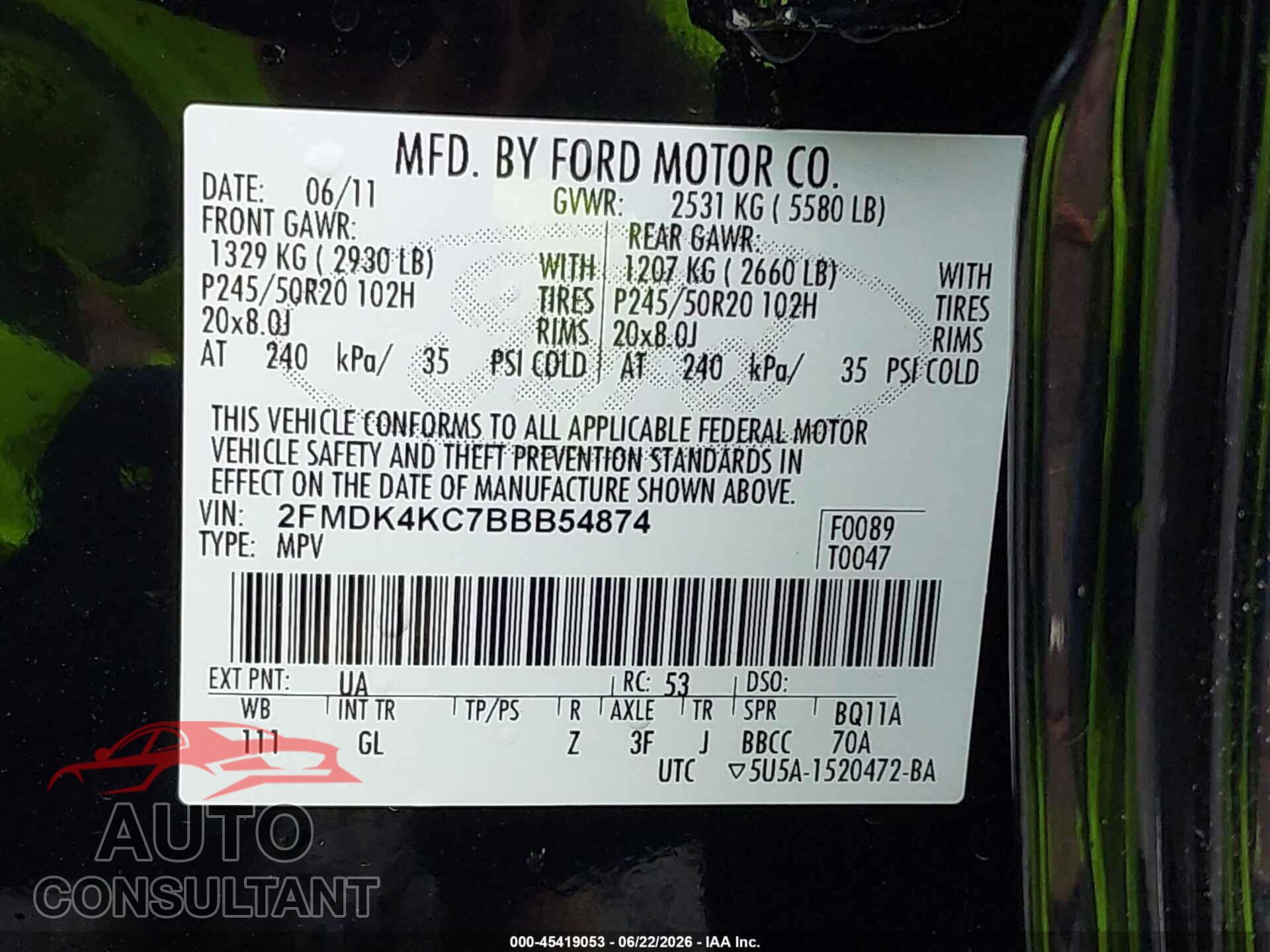 FORD EDGE 2011 - 2FMDK4KC7BBB54874