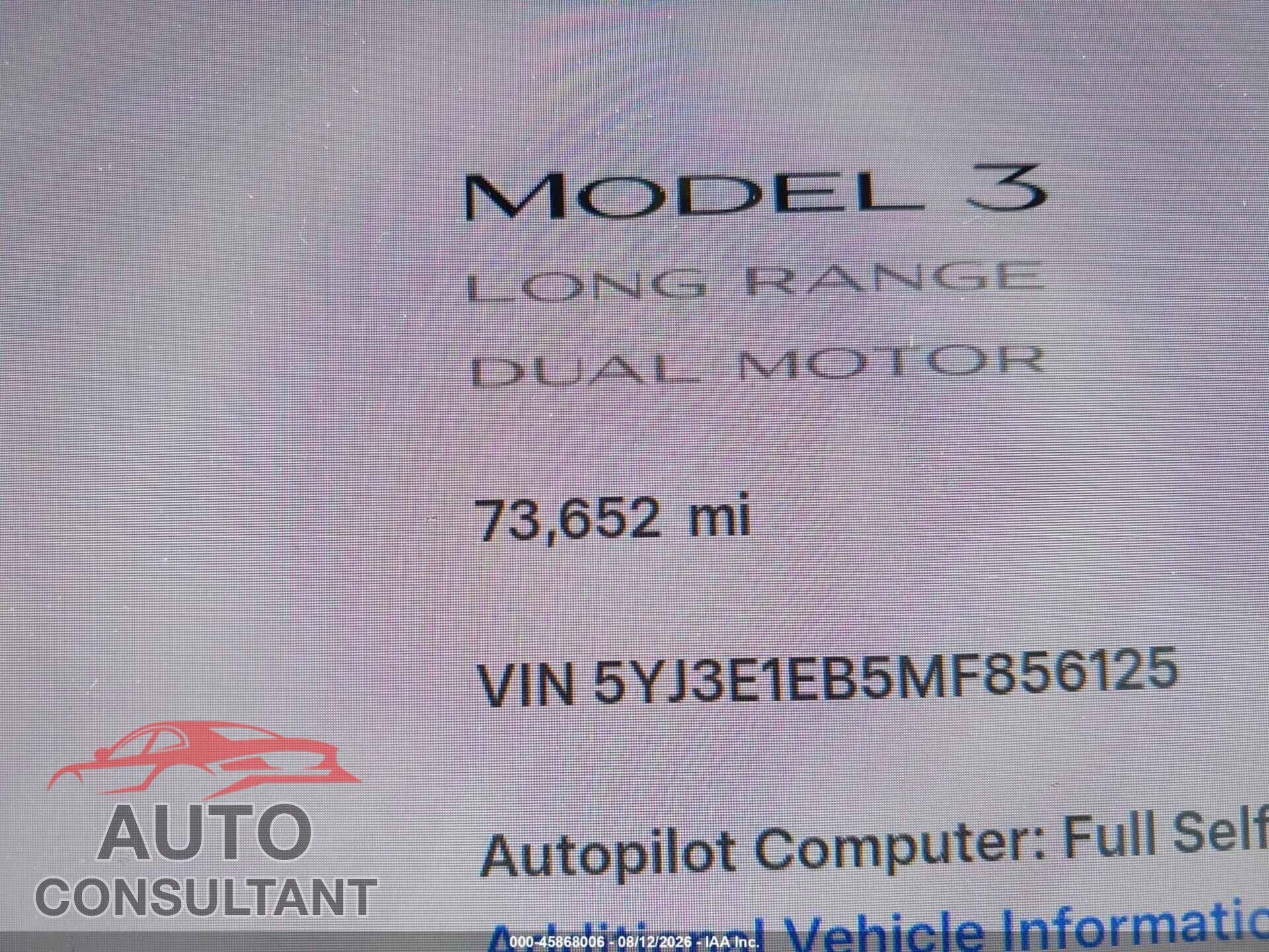 TESLA MODEL 3 2021 - 5YJ3E1EB5MF856125