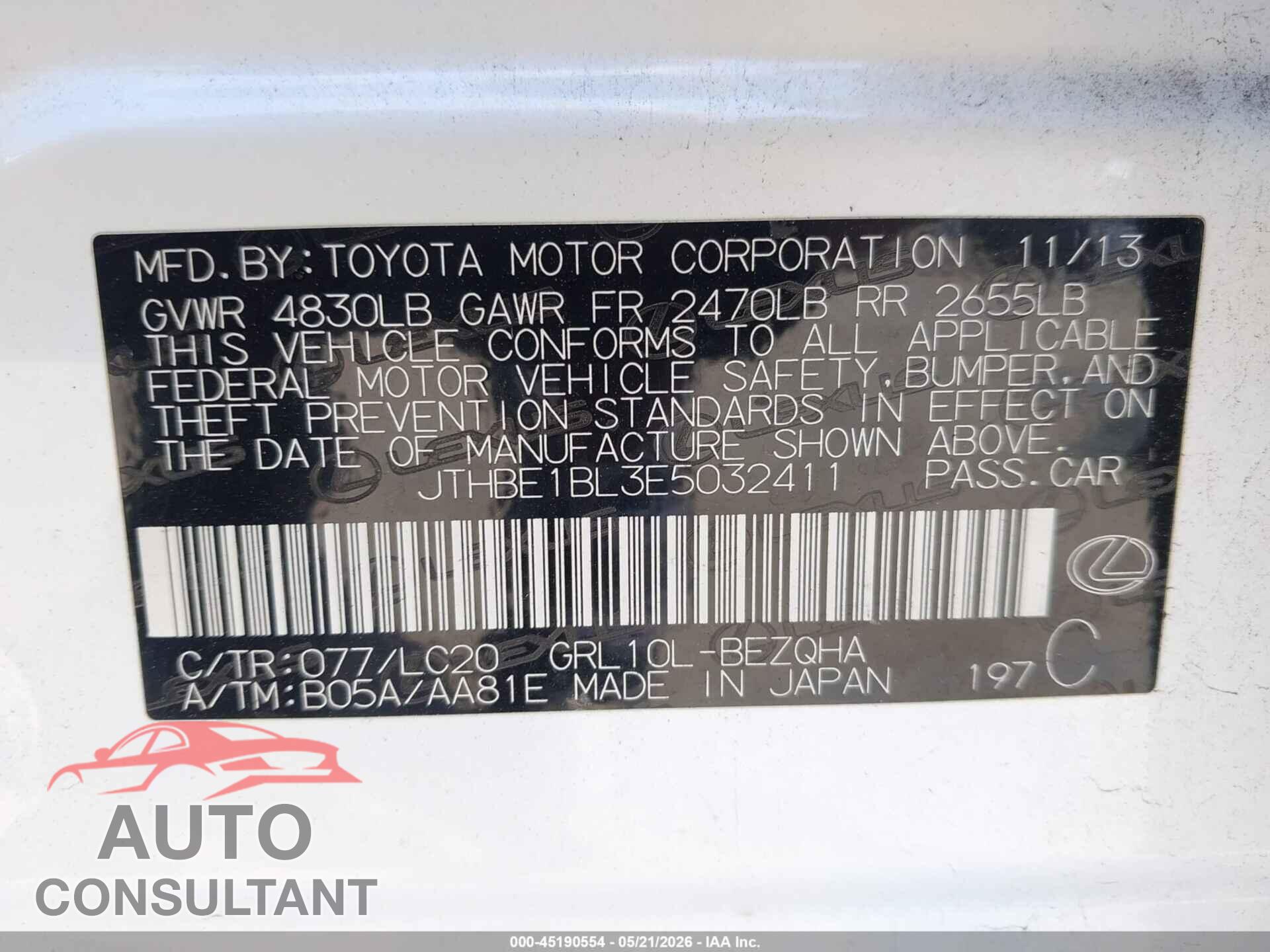LEXUS GS 350 2014 - JTHBE1BL3E5032411