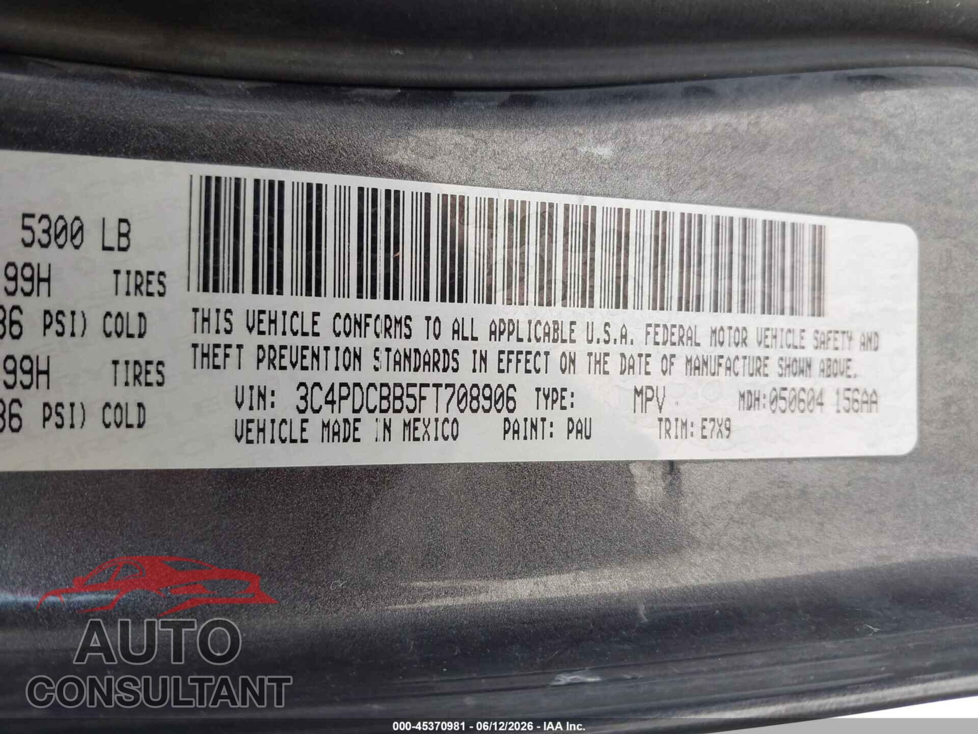 DODGE JOURNEY 2015 - 3C4PDCBB5FT708906