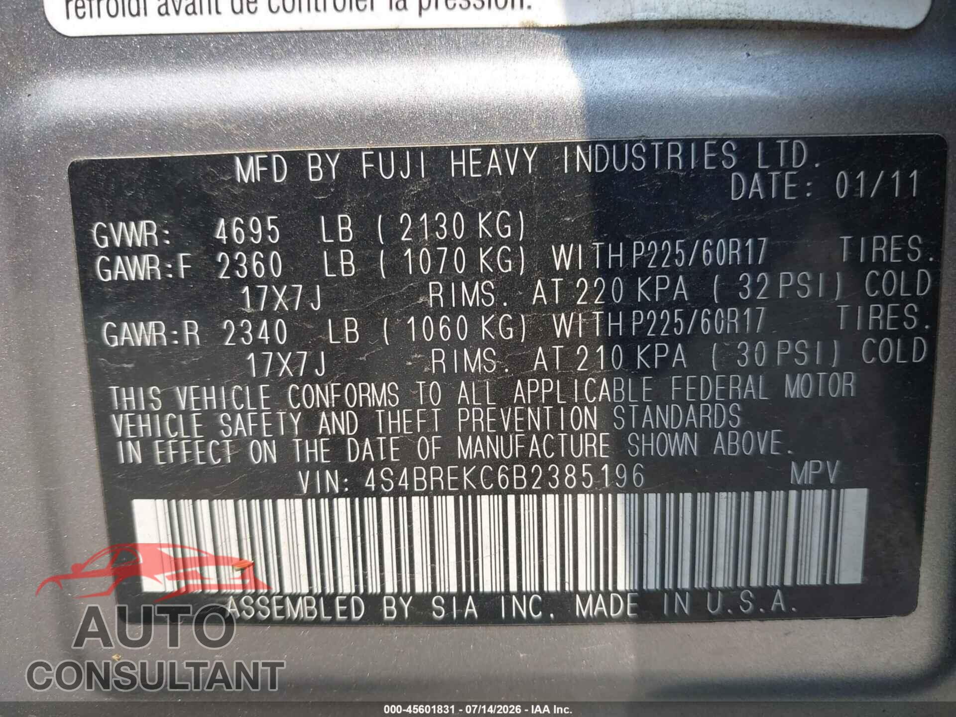SUBARU OUTBACK 2011 - 4S4BREKC6B2385196