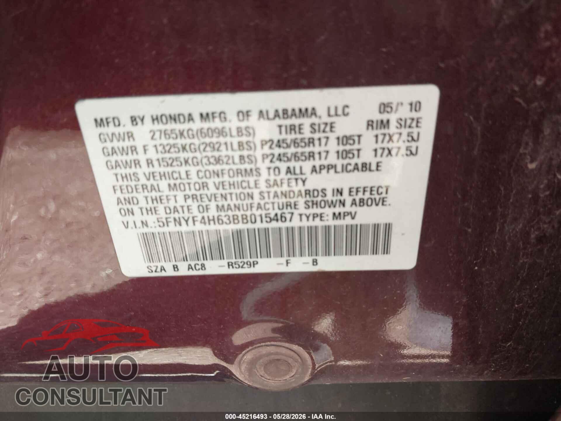 HONDA PILOT 2011 - 5FNYF4H63BB015467
