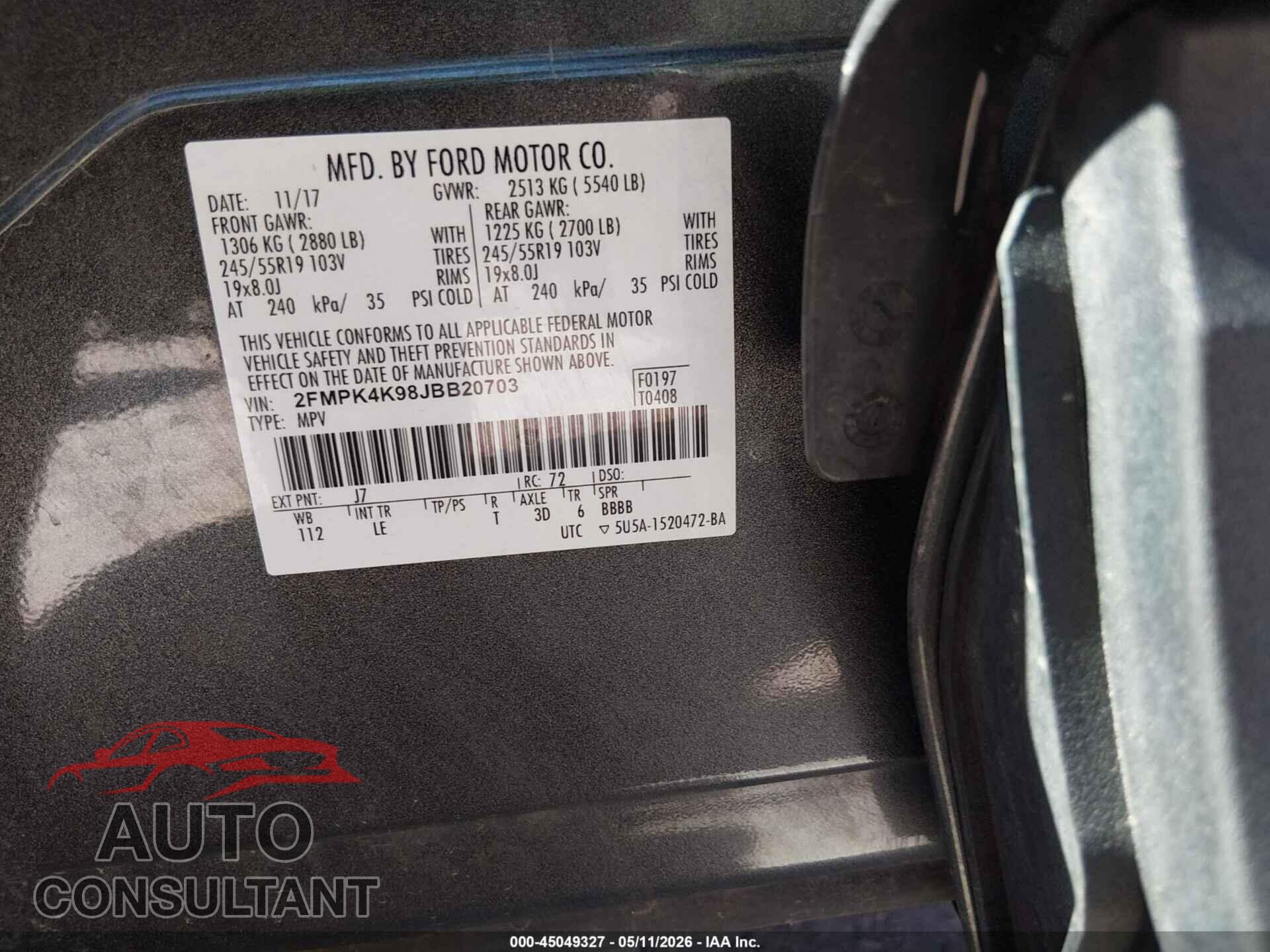 FORD EDGE 2018 - 2FMPK4K98JBB20703