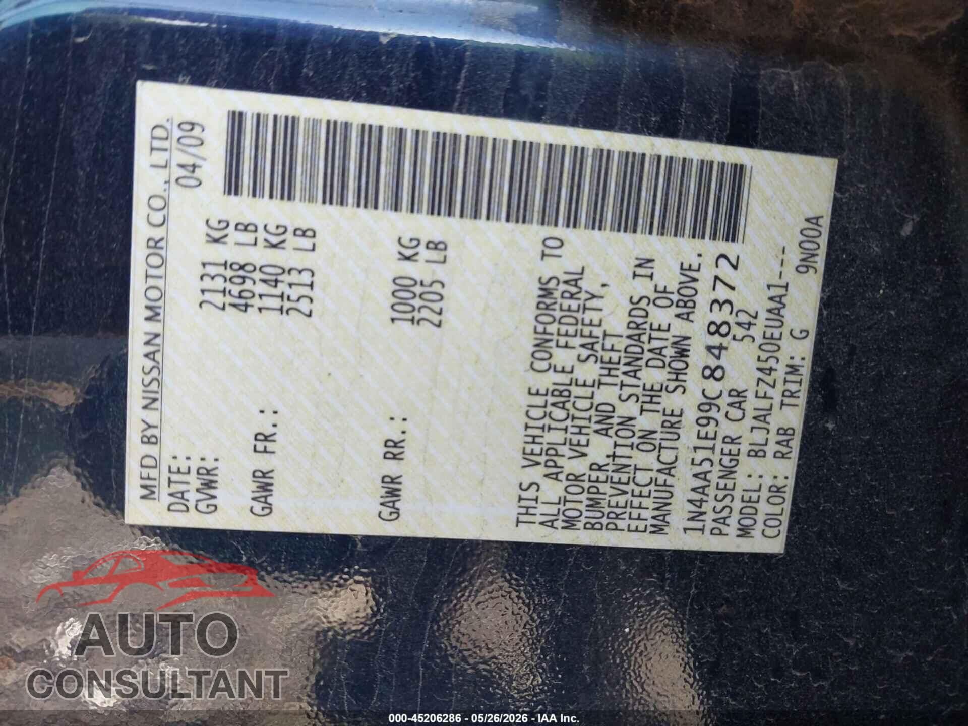 NISSAN MAXIMA 2009 - 1N4AA51E99C848372