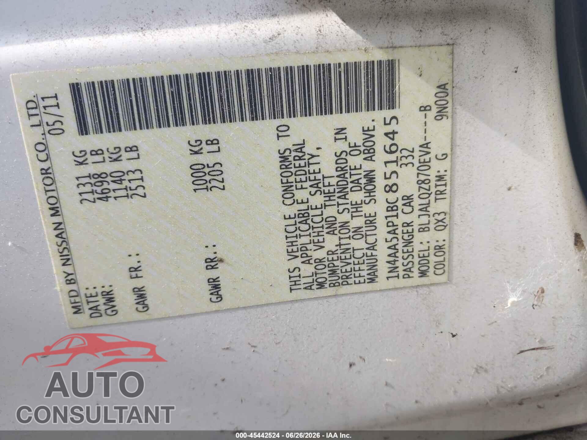 NISSAN MAXIMA 2011 - 1N4AA5AP1BC851645