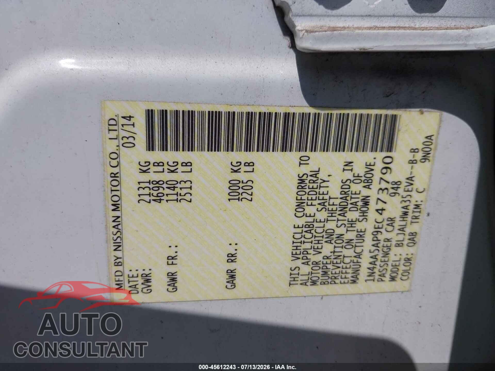 NISSAN MAXIMA 2014 - 1N4AA5AP9EC473790