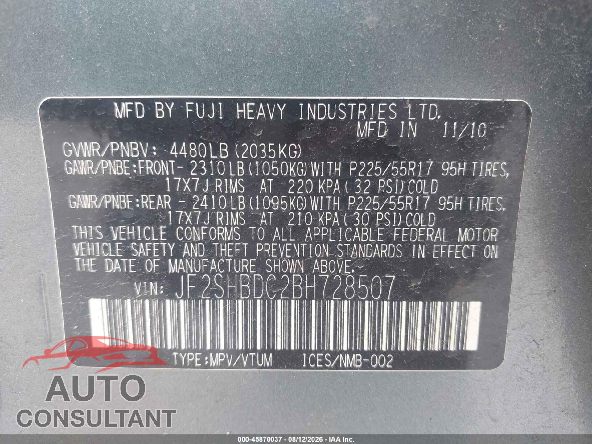 SUBARU FORESTER 2011 - JF2SHBDC2BH728507