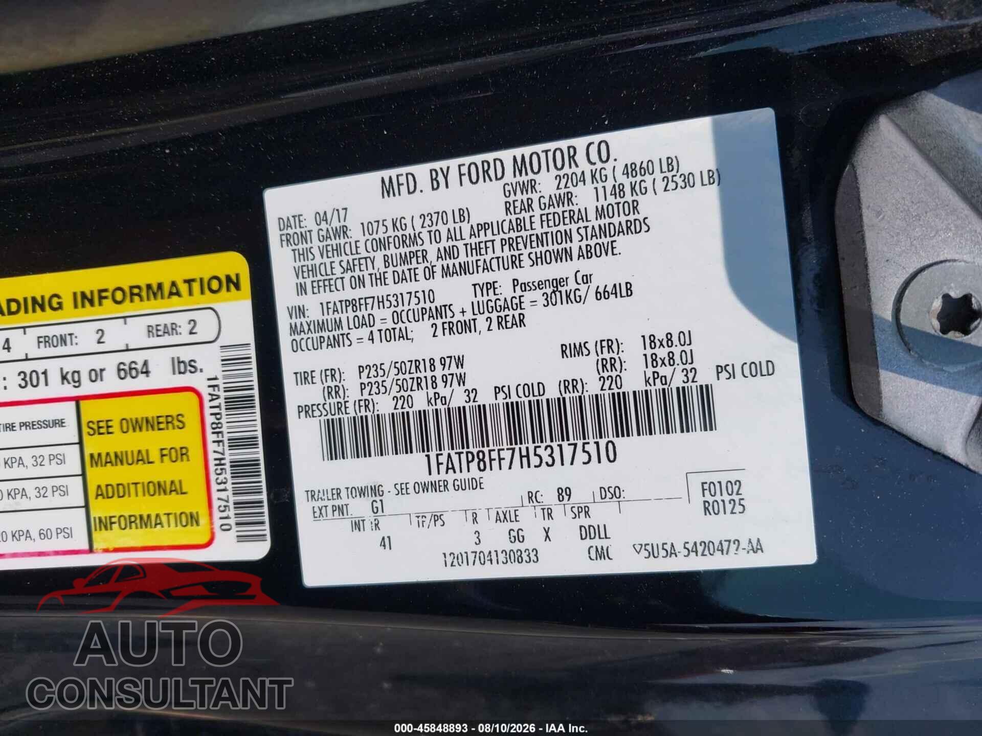FORD MUSTANG 2017 - 1FATP8FF7H5317510