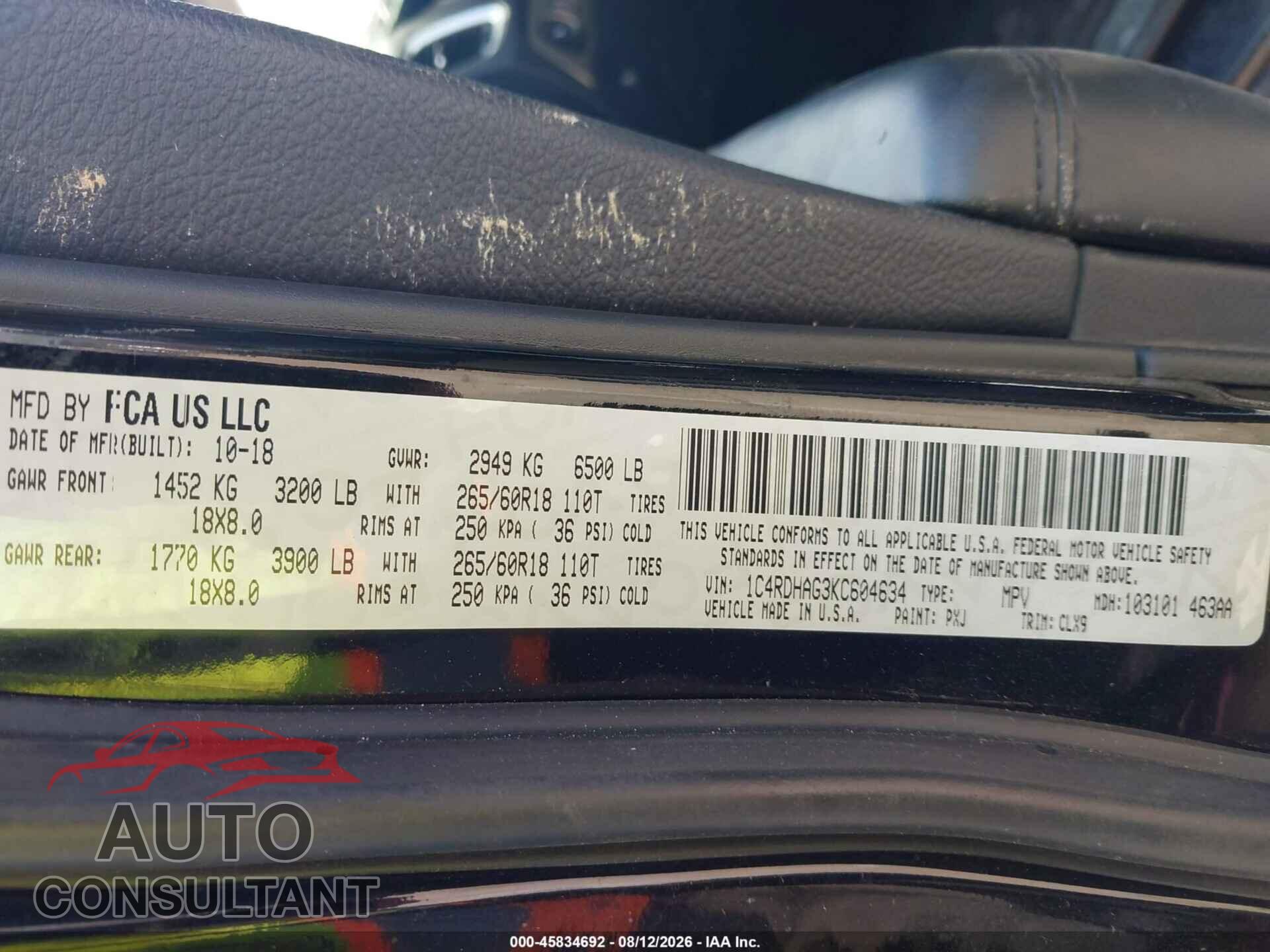 DODGE DURANGO 2019 - 1C4RDHAG3KC604634